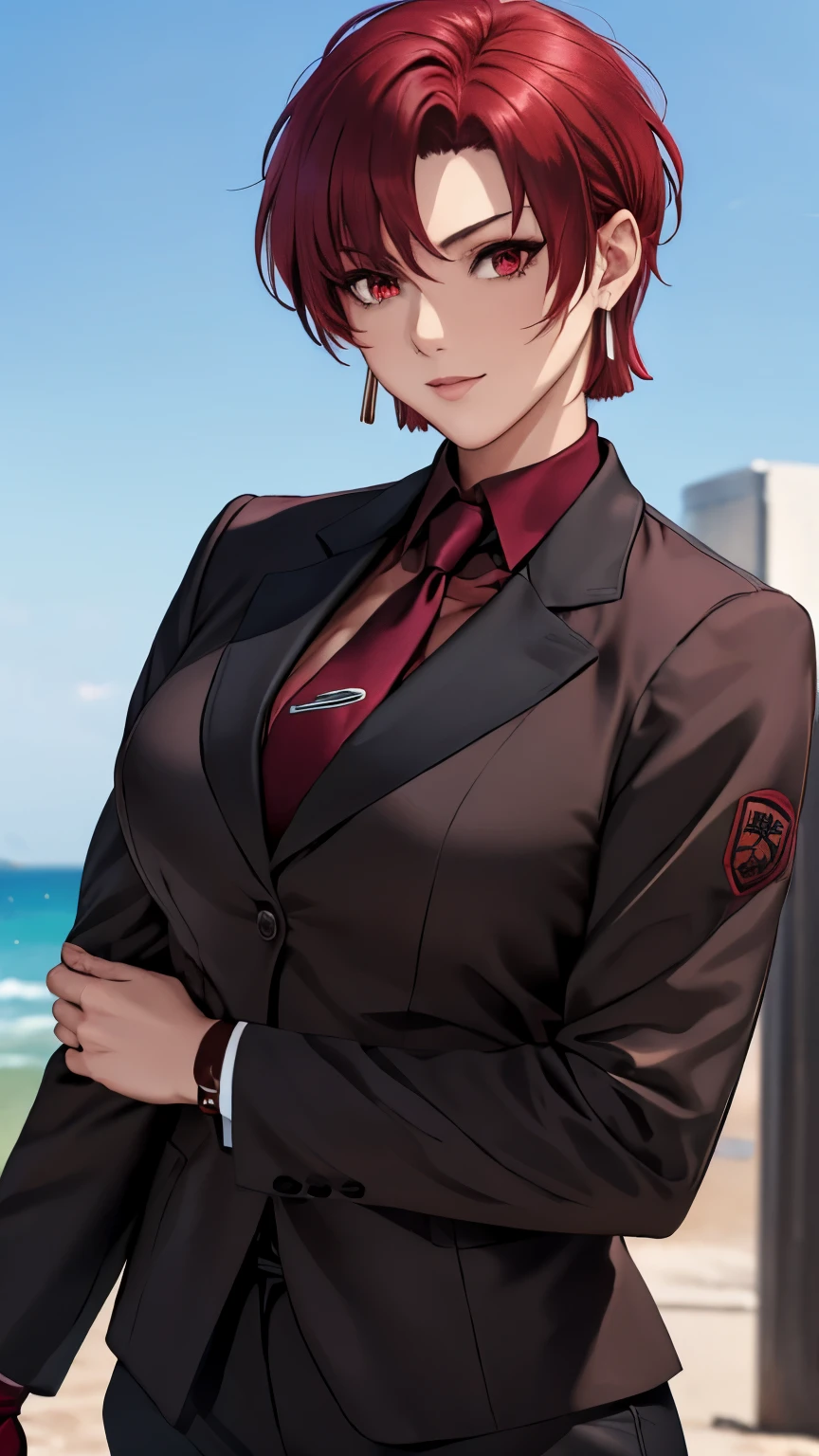 (masterpiece, best quality:1.2), bazett, fgo, 1girl, solo, short hair, red hair, bangs, red eyes,  large breasts, black gloves, formal suit, necktie, jacket, upper body, earrings, 