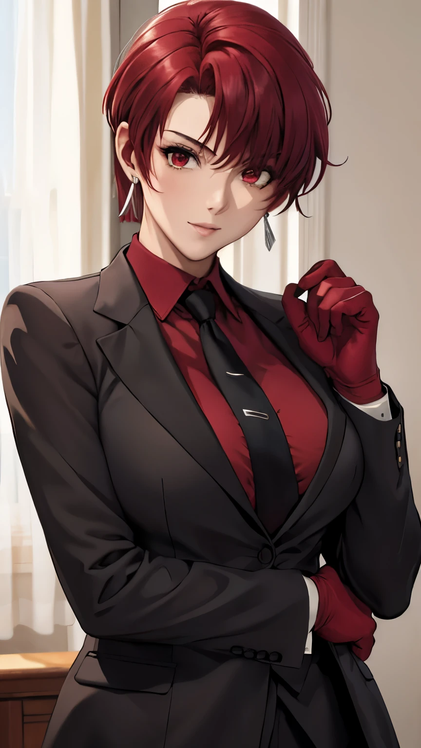 (masterpiece, best quality:1.2), bazett, fgo, 1girl, solo, short hair, red hair, bangs, red eyes,  large breasts, black gloves, formal suit, necktie, jacket, upper body, earrings, 