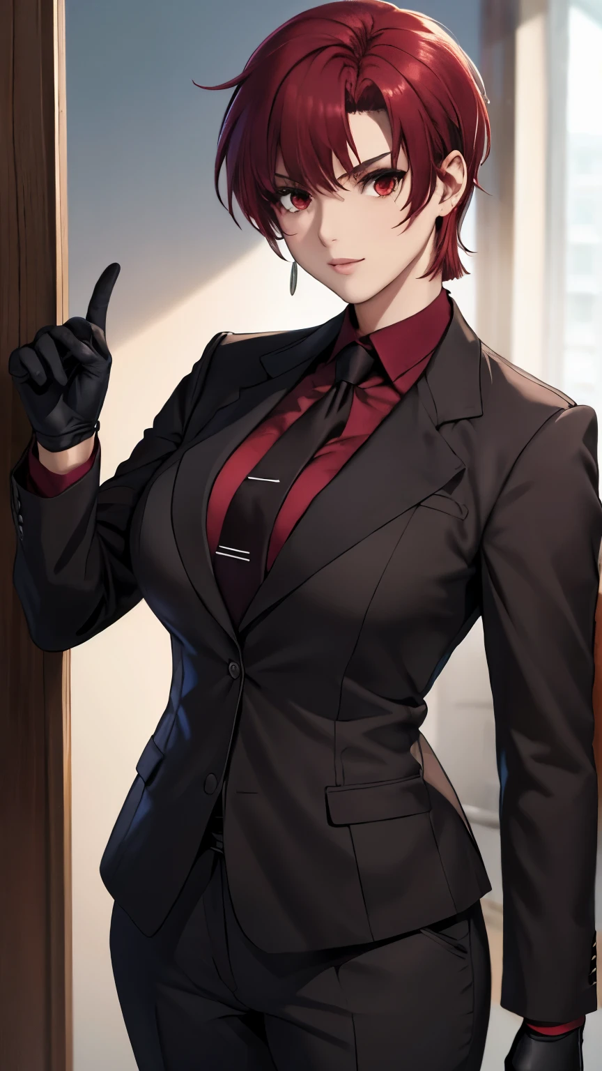 (masterpiece, best quality:1.2), bazett, fgo, 1girl, solo, short hair, red hair, bangs, red eyes,  large breasts, black gloves, formal suit, necktie, jacket, upper body, earrings, 