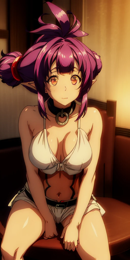 A tall and beautiful elven woman, plump body, big breasts, pale yellow glowing eyes, cold expression, proud posture, straight chest, dark skin, dark facial tattoos, purple tied hair, exposed chest, exposed shoulders, exposed navel, exposed thighs, sitting on a chair, spread her legs, looked up at the camera, wet body, in a medieval inn.
