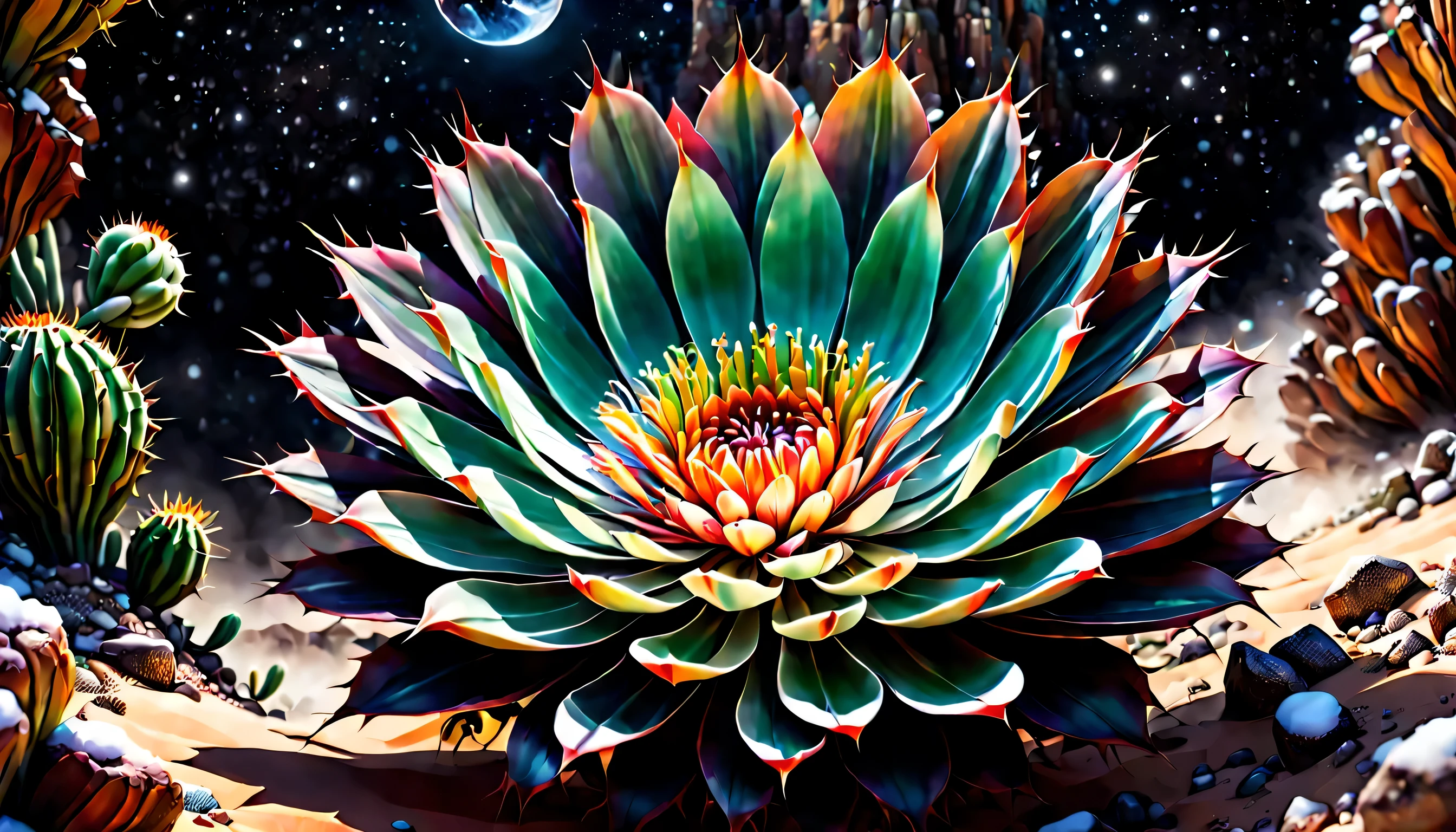 insane Desert Canyon illustration, midnight art, dim snow, cactus glass flower, natural lighting, dynamic angle, cinematic still, gouache, intricate detail, rich colored, dark fantasy and atompunk, insane, complexity theory, beauty fantasy topography, high contrast, highly quality, true masterpiece, insane and intricate detail rendering, stunning 32k rendering, beautiful detail glow, stylish atmosphere, intricate delicate brush stroke,