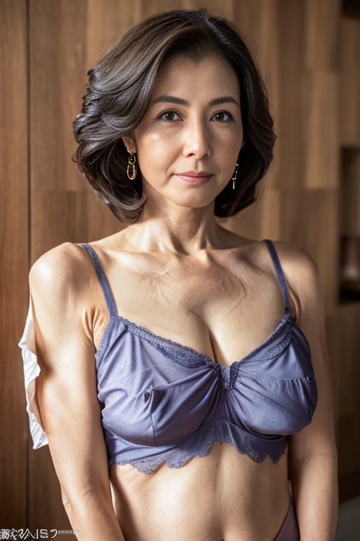 best quality, High resolution, Hires, skin definition, detailed skin, detailed eyes, detailed face, 4K, 日本人mature woman, (solo), (((60 years old))), (Wrinkles at the corners of the eyes:1.6), (nasolabial folds:1.6), mature woman, sex appeal, sexy, fair skin, wavy long hair, Looking at viewer,(((Very large breasts:1.28))), (((my skin is old))), ((muscles are old)), ((japanese model)), In 4K, 8K, (photoReality:1.5), Reality, ticker, Beautiful, bimbo, Perfect makeup, eye make up:1.6, small diamond necklace, earrings, ((floral lingerie, sexyなランジェリー, high heels)),thick thighs, loose hips, wide hips, curve, full body photo,