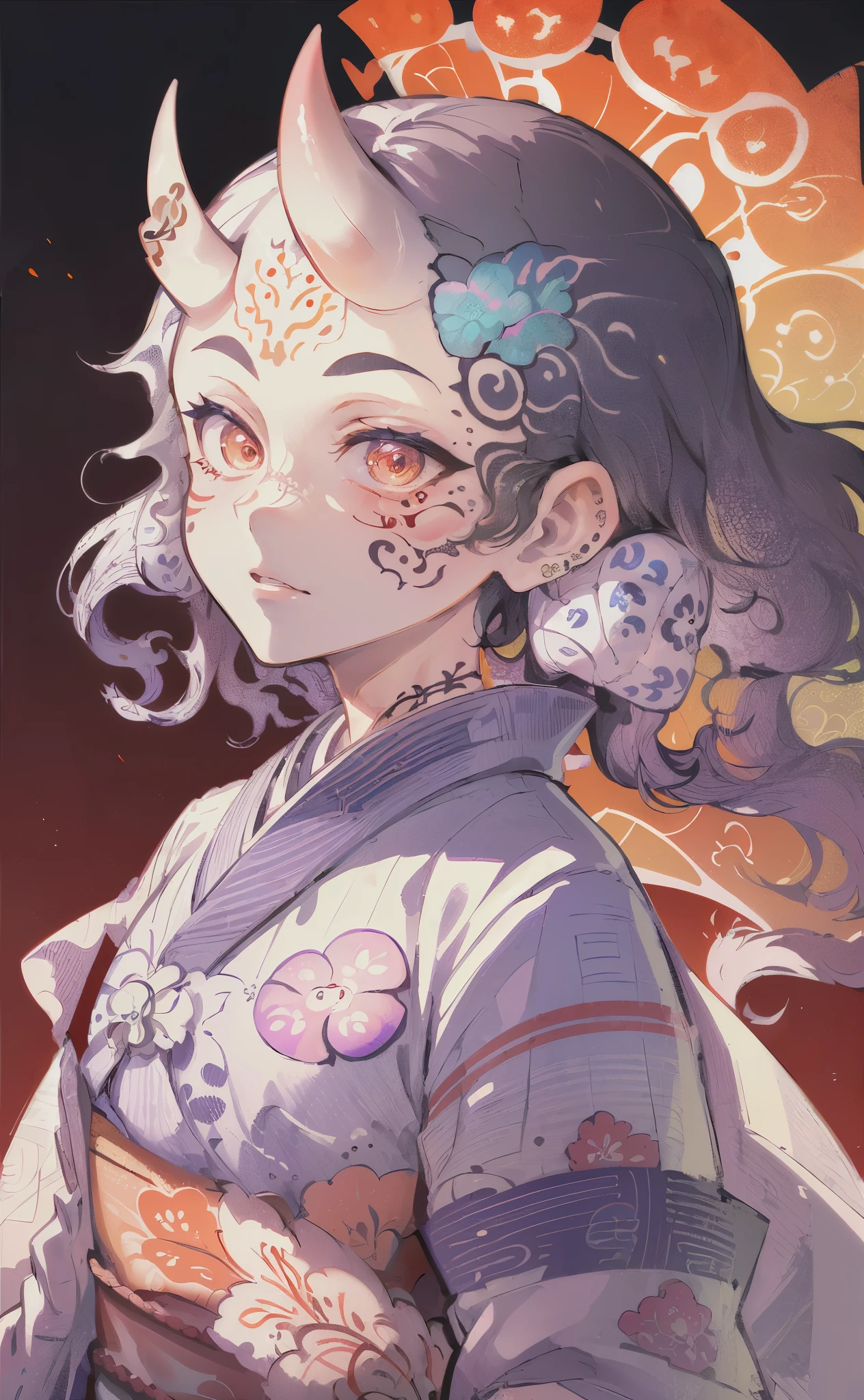 (photorealistic:1.3), masterpiece, best quality, (intricate details:1.2), (scenery:1.3), beautiful face, , ukiyoe, 
(((1girl, a girl in patterned kimono, (look at veiwer:1.3), (face tattoo:1.2), small oni horn,
))), full body