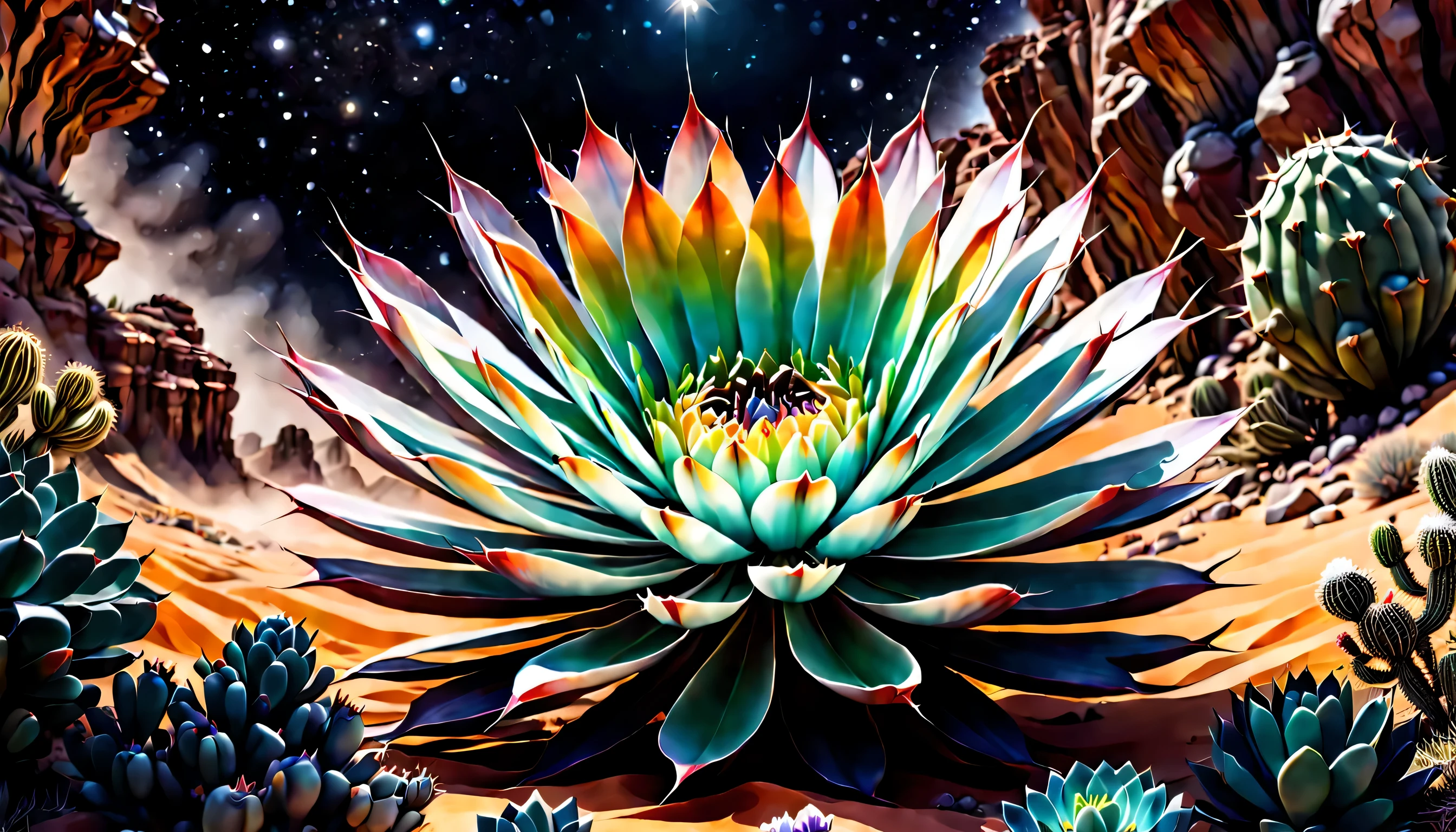 insane Desert Canyon illustration, midnight art, dim snow, cactus glass flower, natural lighting, dynamic angle, cinematic still, gouache, intricate detail, rich colored, dark fantasy and atompunk, insane, complexity theory, beauty fantasy topography, high contrast, highly quality, true masterpiece, insane and intricate detail rendering, stunning 32k rendering, beautiful detail glow, stylish atmosphere, intricate delicate brush stroke,