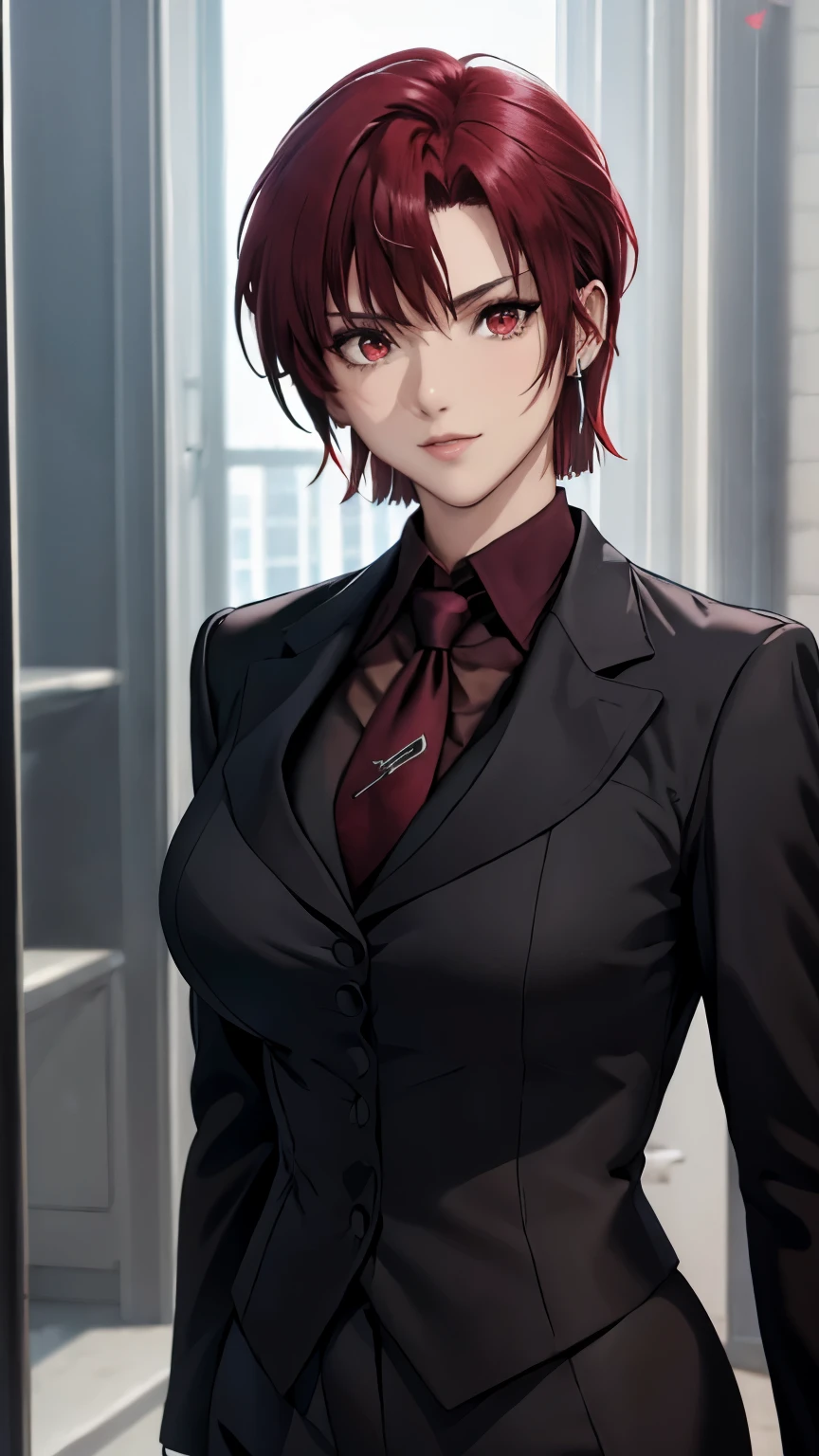 (masterpiece, best quality:1.2), bazett, fgo, 1girl, solo, short hair, red hair, bangs, red eyes,  large breasts, black gloves, formal suit, necktie, jacket, upper body, earrings, 