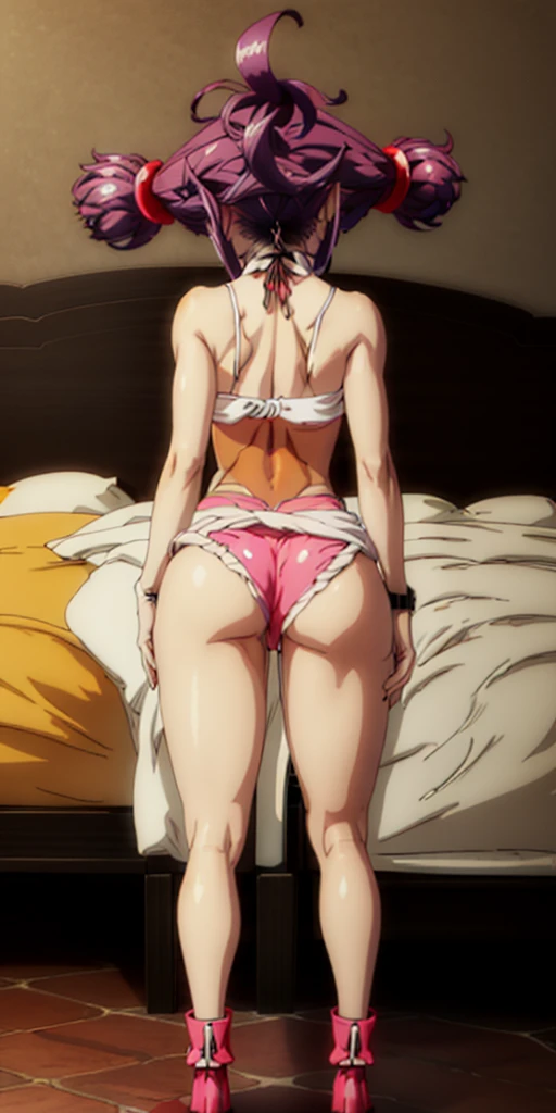 1 girl, bare shoulders, black hair, medium breasts, (muscular legs), muscular belly, wide hips, thin waist, (((clock eyes))), (wearing a very short and sexy bikini), (((in the bedroom from motel))), full body, hair band, (with her back to me showing her big ass to me), heterochromia, black high heel shoes, ta hair band, long hair, Looking at the Viewer, red eyes, smile, alone, symbol-shaped pupils, (Kurumi Tokisaki), twintails, yellow eyes,