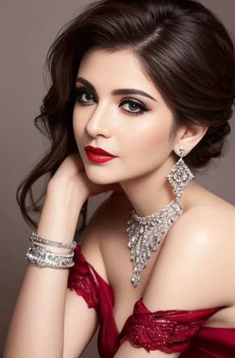Lebanese lady, diamond dangling earrings, necklace, bracelets, small breasts, 40 years old, smokey eyes, cleavages, red lips, innocent face, fashion ball gown, stylish hairstyle, posing, modeling, portrait