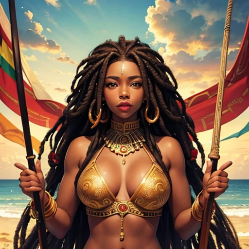 1 Africana, rasta comprida, corpo inteiro, rosto lindo, corpo lindo, mamas grandes, cabelo longo, roupa vermelha