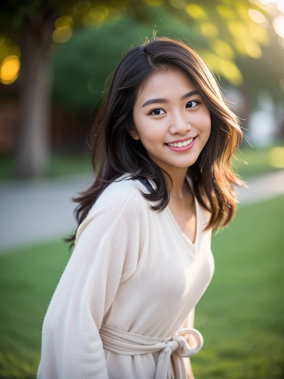 Sweet malay girl with a perfect smile, looking straight to the camera, professional photography, professional lighting, portrait: 1.4, 85mm, midshot, waist shot, mirrorless camera, village blur background, bokeh, large breast, sleeve, modest, fluffy wavy hair, highlight on hair