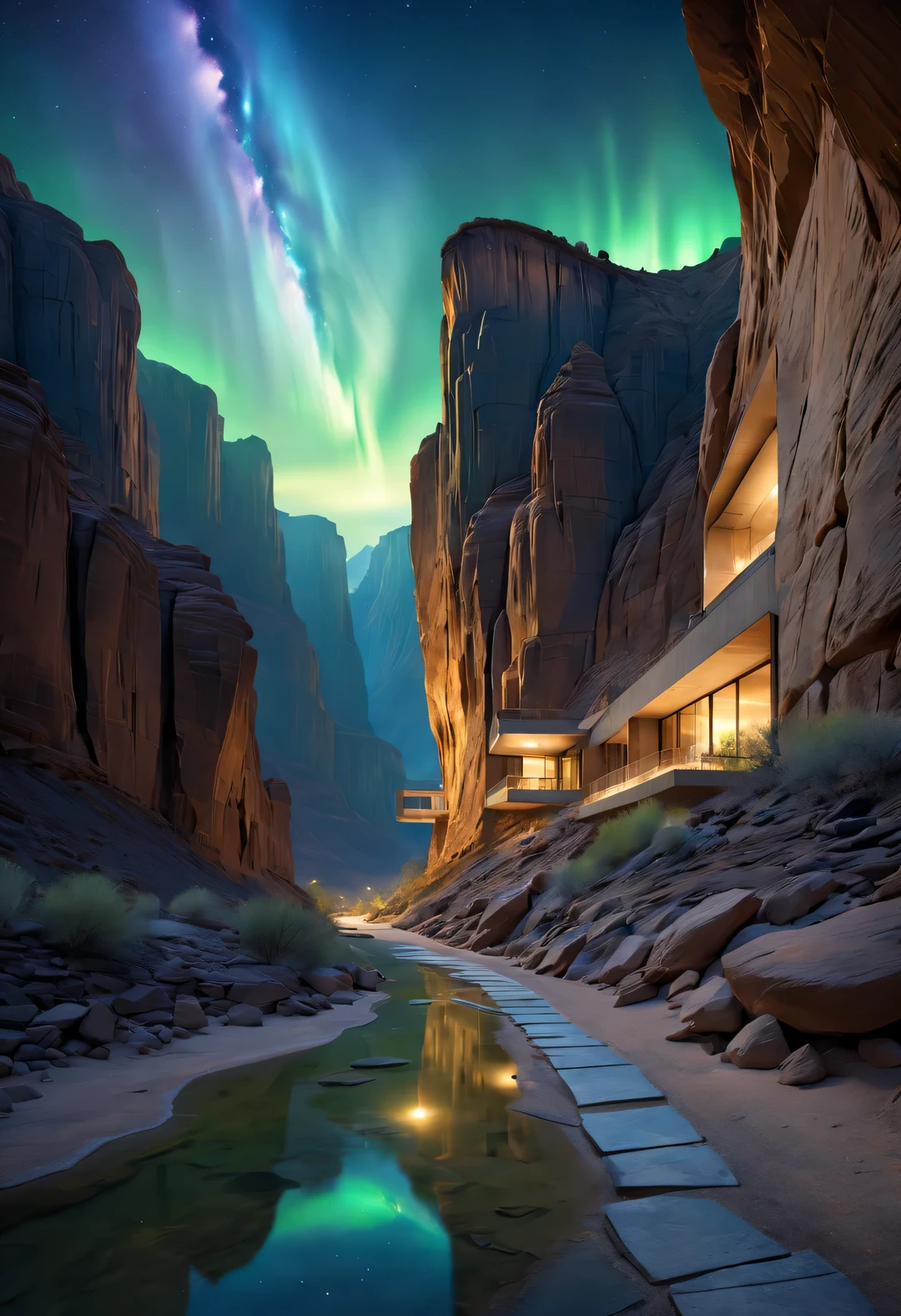 Towering precipitous towering desert canyon cliff resort wild luxury alien hotel volley design，（Asymmetric high and low canyons），Coexist with the natural environment，desert canyon night，（aurora），Star，天空aurora绽放，Meteor passing by，moonlight，extremely detailed，best quality，masterpiece，high resolution，Surreal，8K，looking down，high angle，low angle，（By Tadao Ando，blue）color palette，minimalist，rustic，