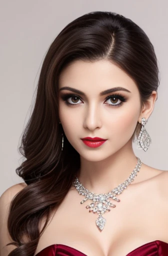 Lebanese lady, diamond dangling earrings, necklace, bracelets, small breasts, 40 years old, smokey eyes, cleavages, red lips, innocent face, fashion ball gown, stylish hairstyle, posing, modeling, portrait