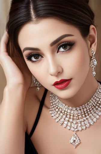 Lebanese lady, diamond dangling earrings, necklace, bracelets, small breasts, 40 years old, smokey eyes, cleavages, red lips, innocent face, fashion ball gown, stylish hairstyle, posing, modeling, portrait