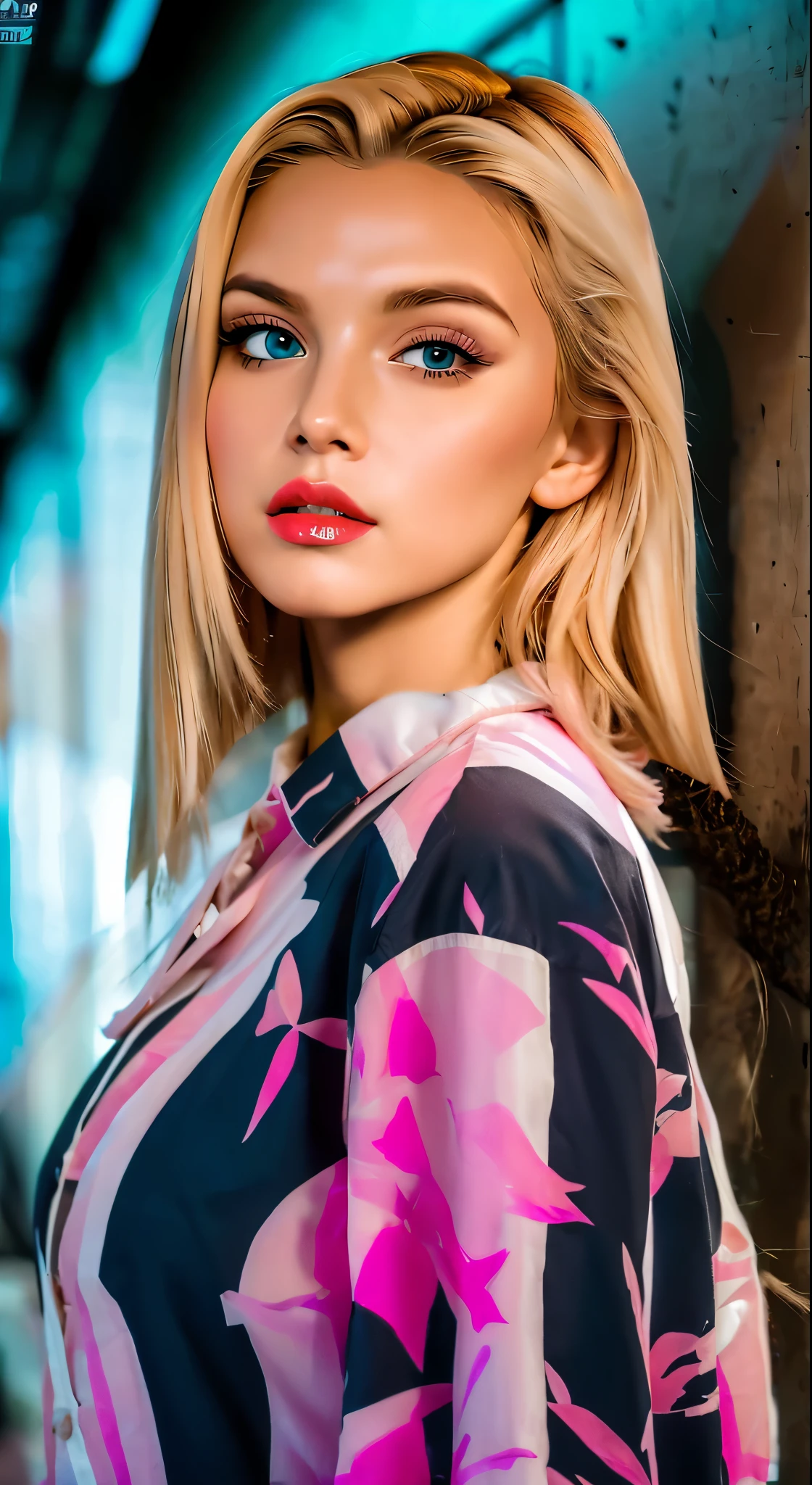 polyester shirt, (white and pink colored:1.8), long sleeves, big breasts