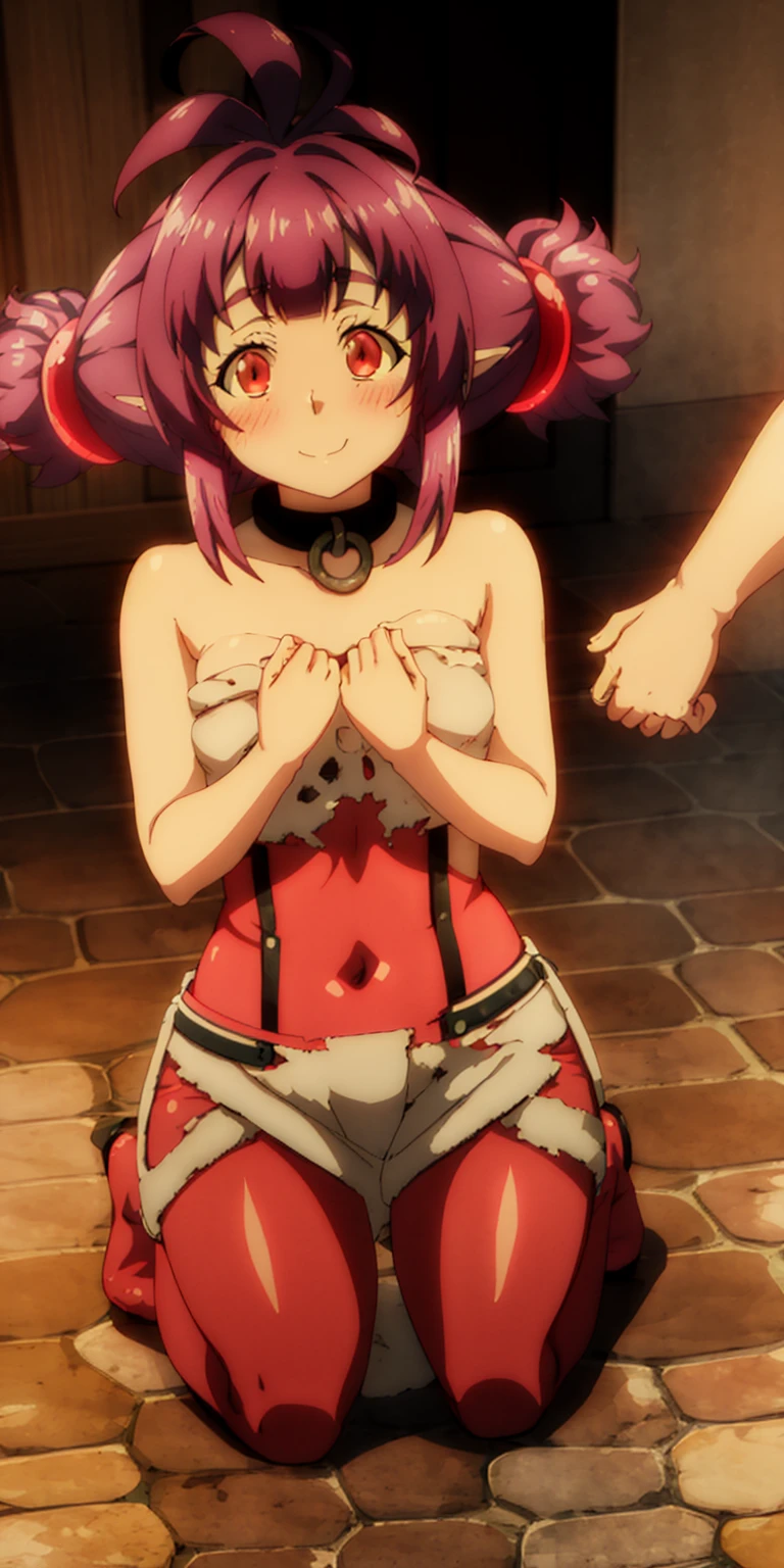 bondage girl,smirking smile red blush,torn apart,chain leash,Behind the hand, Kneeling,shackleDSM,high ponytails