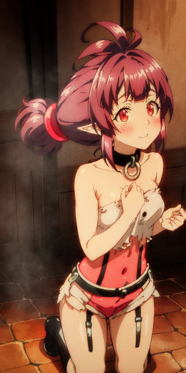 bondage girl，smirking smile red blush，torn apart，chain leash，Behind the hand, Kneeling，shackleDSM，high ponytails