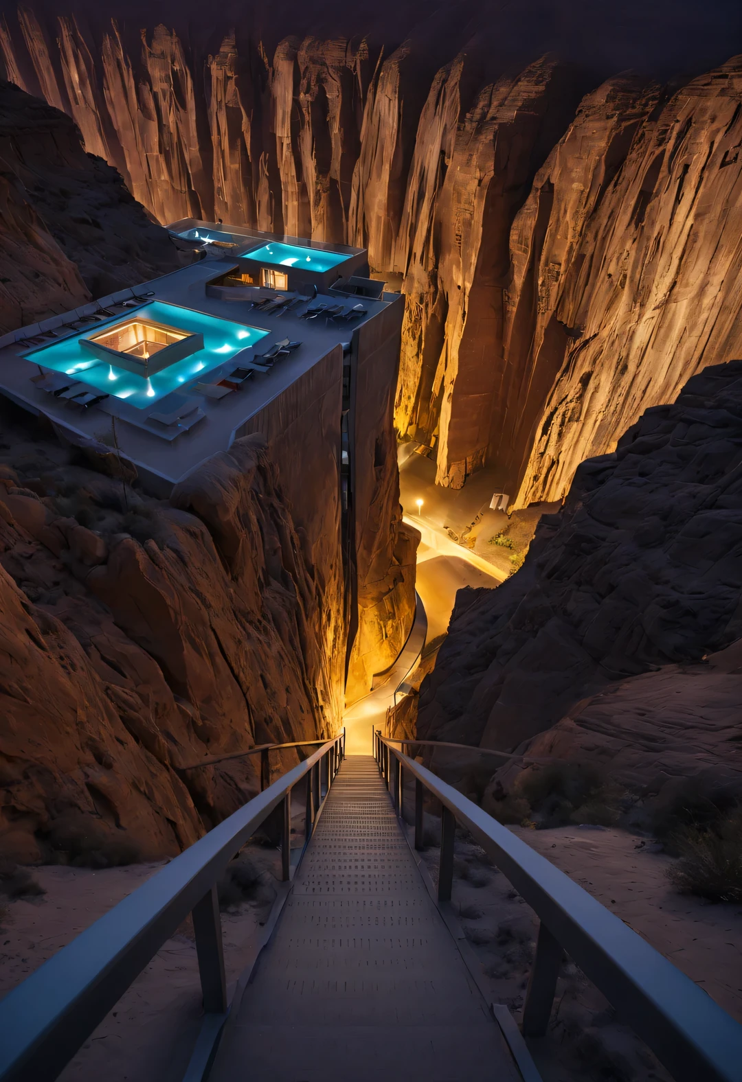 Towering precipitous towering desert canyon cliff resort wild luxury alien hotel volley design，（Asymmetric high and low canyons），Coexist with the natural environment，desert canyon night，（aurora），Star，天空aurora绽放，Meteor passing by，moonlight，extremely detailed，best quality，masterpiece，high resolution，Surreal，8K，looking down，high angle，low angle，（By Tadao Ando，blue）color palette，minimalist，rustic，