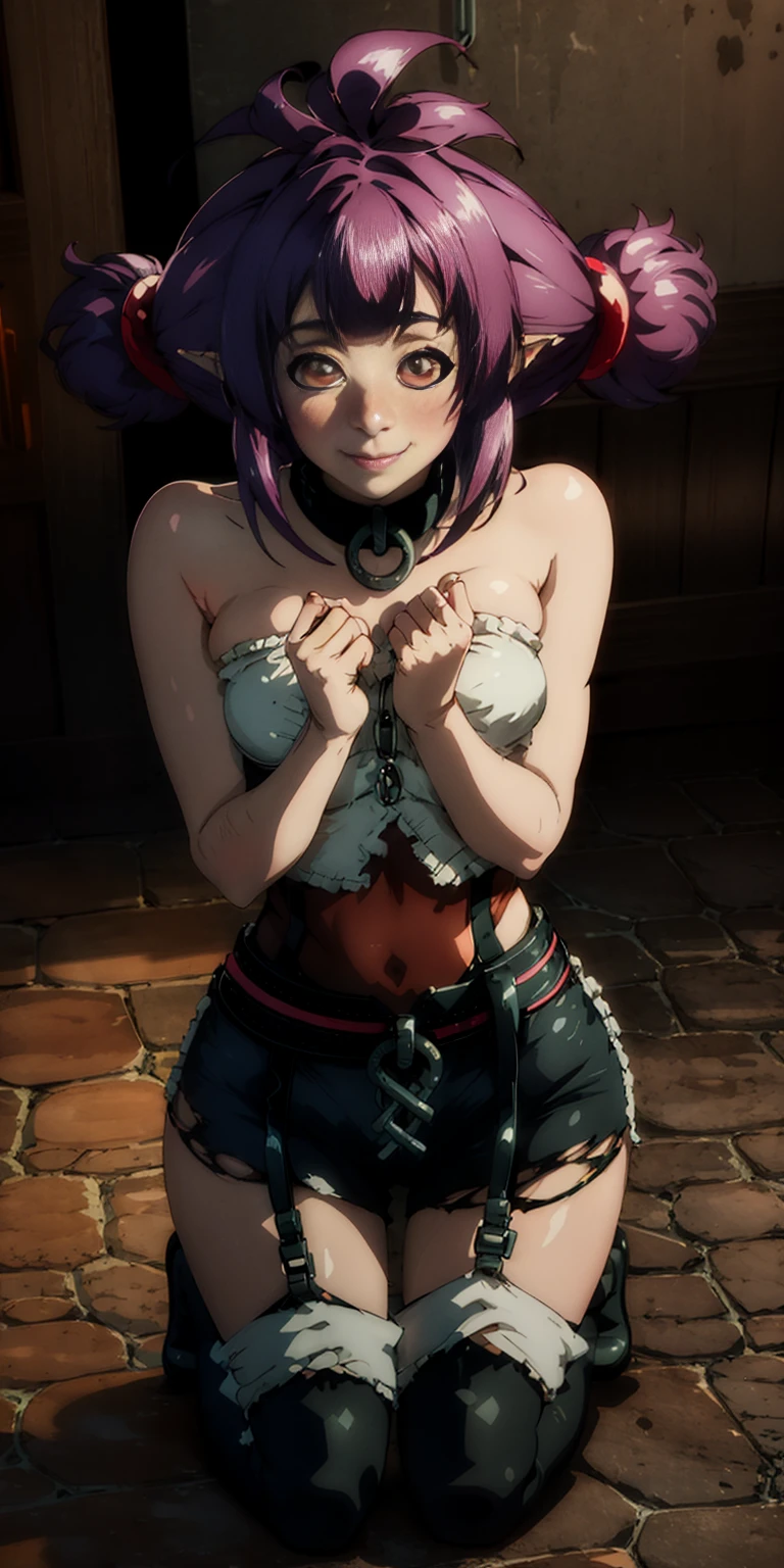 bondage girl,smirking smile red blush,torn apart,chain leash,Behind the hand, Kneeling,shackleDSM,high ponytails