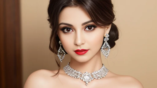 Lebanese lady, diamond dangling earrings, necklace, bracelets, small breasts, 40 years old, smokey eyes, cleavages, red lips, innocent face, fashion ball gown, stylish hairstyle, posing, modeling,