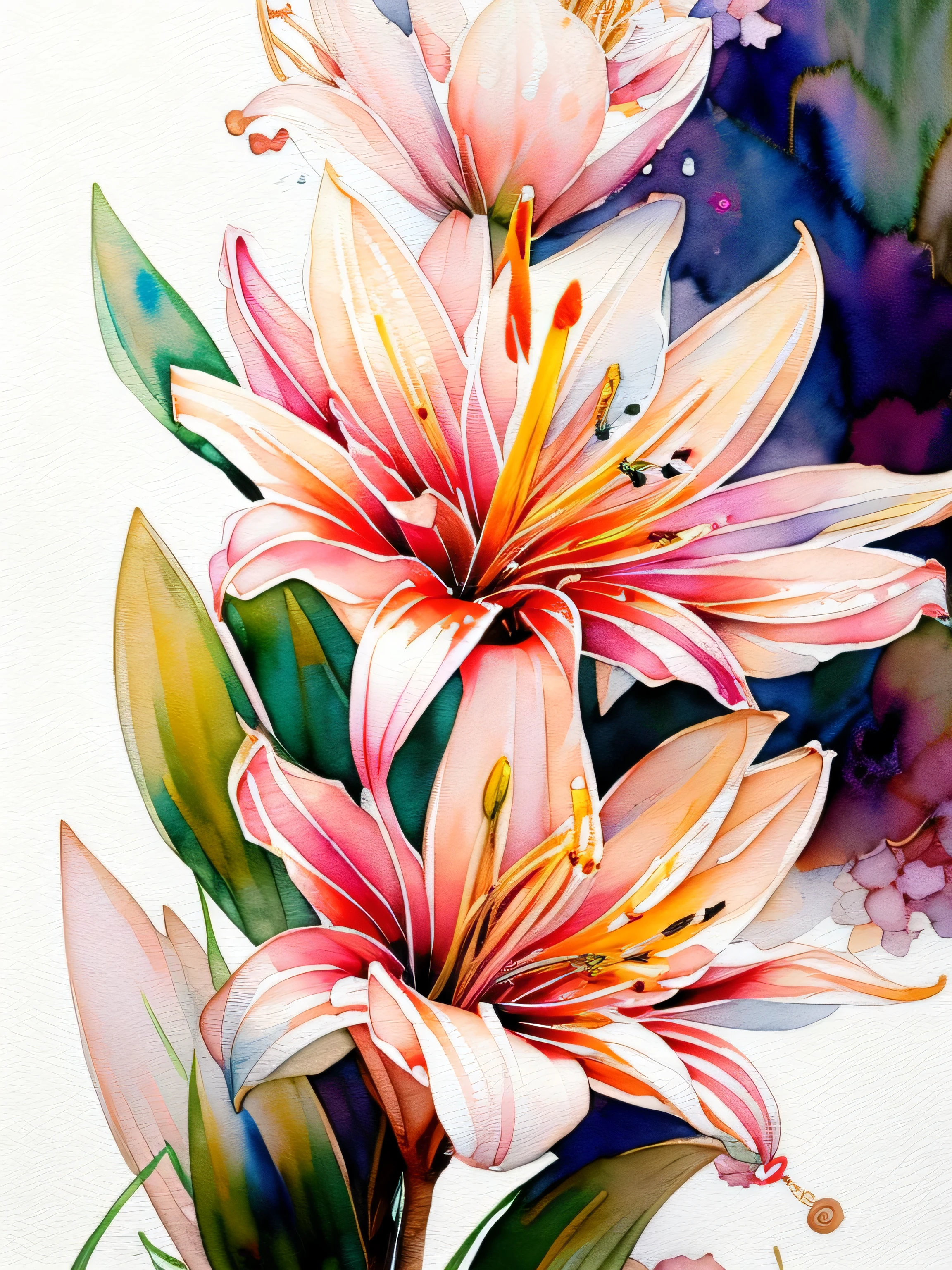wtrcolor style, digital art of (lilies), official art, blown by the wind, masterpiece, beautiful, ((watercolor)), paint splatter, intricate details. Great detail, [dripping:0.5], trending on Artstation, Rachel Walker