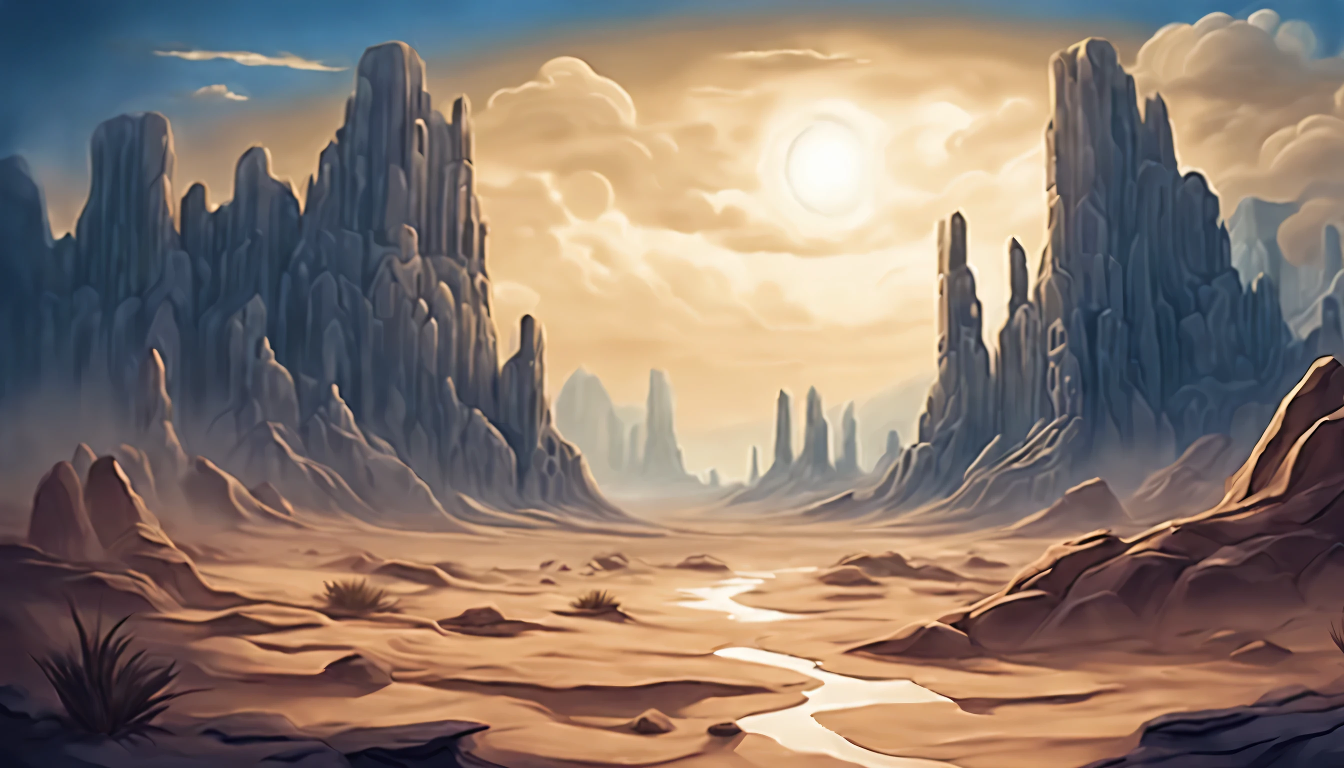 2d game graphics, delicate dark-fantasy Desert Canyon illustration, delicate pale coloring, intricate and insane detailed, fantastic fantasy water beautiful sky background, tonal contrast, dim glow lighting, fear atmosphere, high detail, high quality, highlight, beautiful awe glow detail, high resolution, top quality, stunning detail and fine rendering, gouache and oil paint, digital paint, stunning matte paint masterpiece, fine broken glass effect around, totalitarianism, addition steampunk coating, adds dark blue and white, particle glow, transcendentalism, realistic,