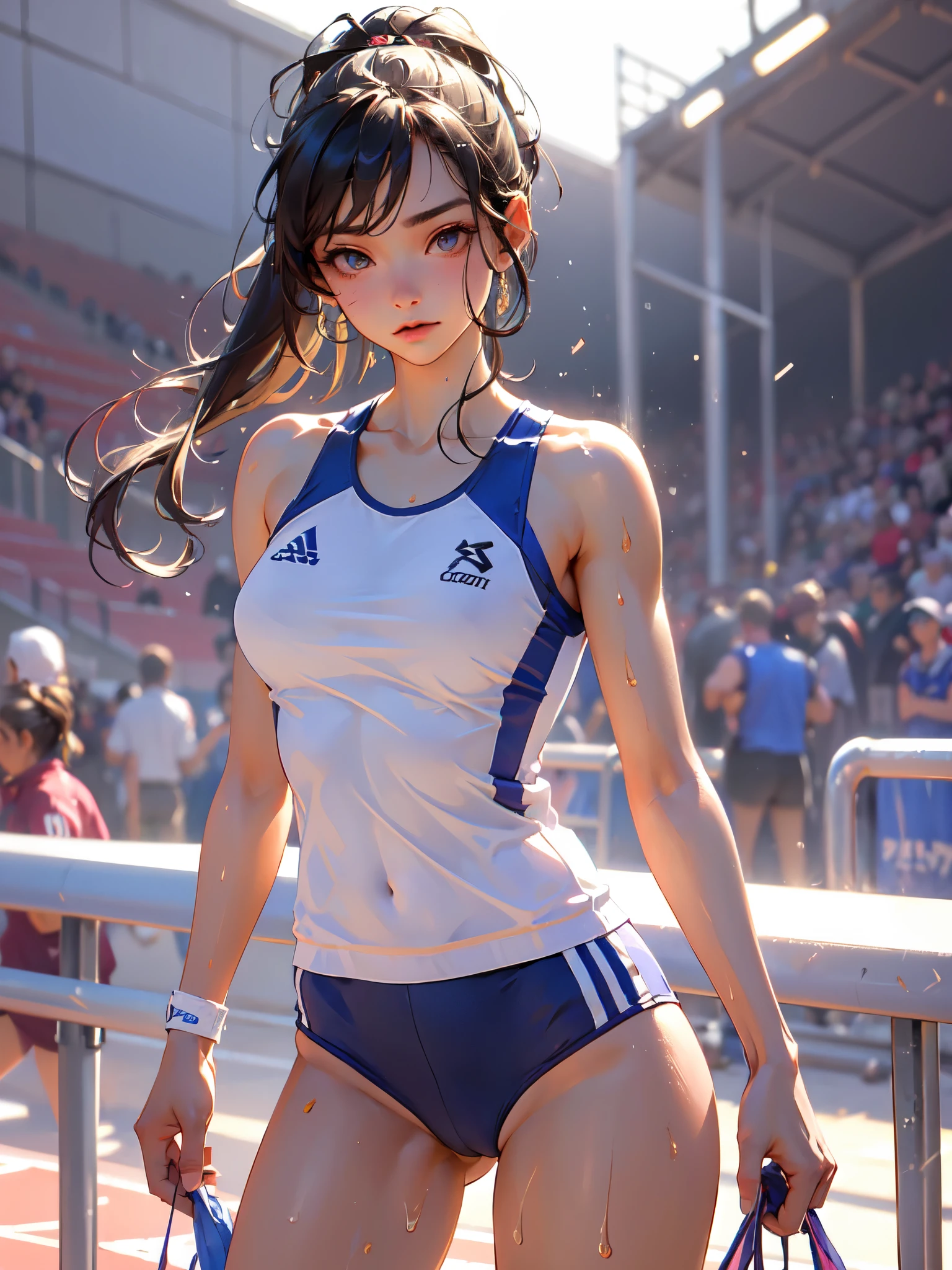 high quality,hd,16k,1girl,female track and field athlete,cute face, large breasts, slender body, delicate body, sweat,light clothing, in track and field,focus girl,detailed beautiful face,detailed clothes,beautiful eyes,cool