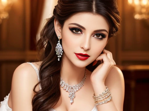 Lebanese lady, diamond dangling earrings, necklace, bracelets, small breasts, 40 years old, smokey eyes, cleavages, red lips, innocent face, fashion ball gown, stylish hairstyle, posing, modeling,