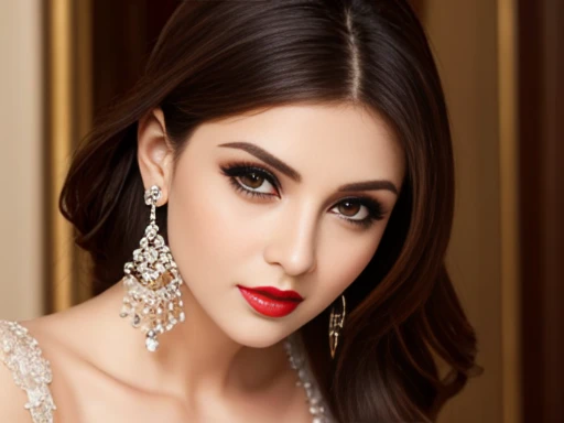 Lebanese lady, diamond dangling earrings, necklace, bracelets, small breasts, 40 years old, smokey eyes, cleavages, red lips, innocent face, fashion ball gown, stylish hairstyle, posing, modeling,