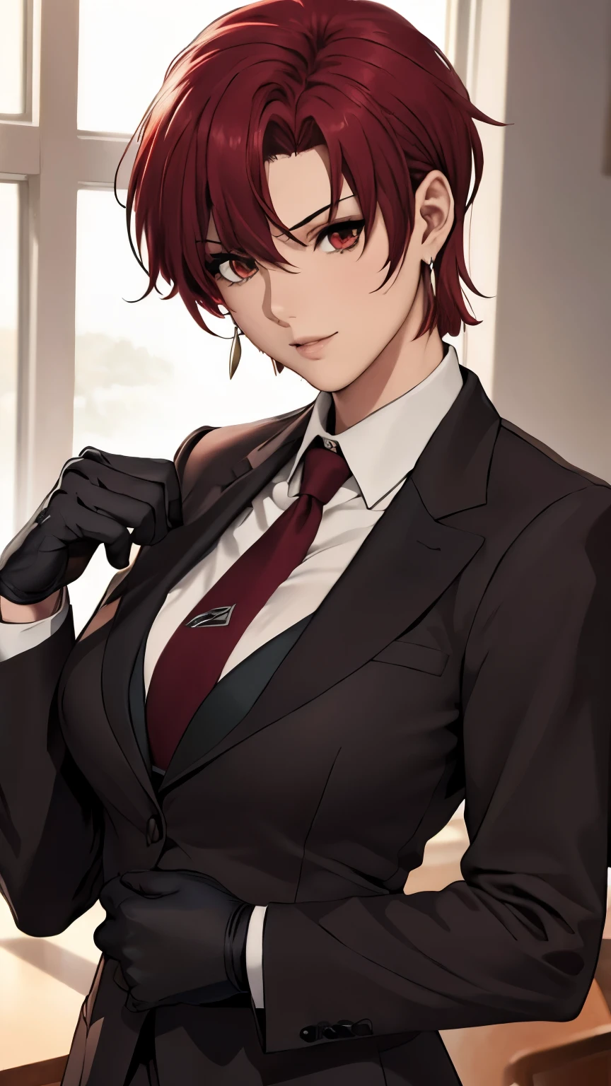 (masterpiece, best quality:1.2), bazett, fgo, 1girl, solo, short hair, red hair, bangs, red eyes,  large breasts, black gloves, formal suit, necktie, jacket, upper body, earrings, 