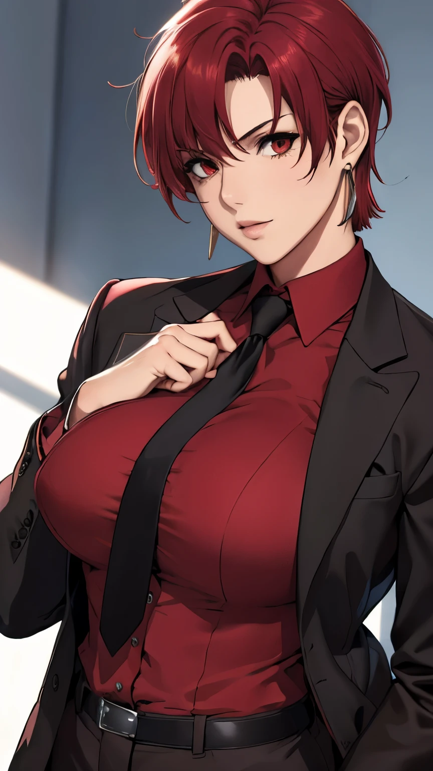 (masterpiece, best quality:1.2), bazett, fgo, 1girl, solo, short hair, red hair, bangs, red eyes,  large breasts, black gloves, formal suit, necktie, jacket, upper body, earrings, 