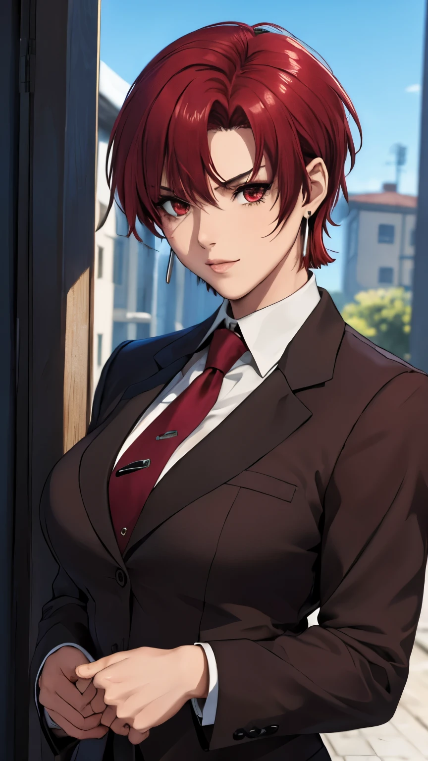 (masterpiece, best quality:1.2), bazett, fgo, 1girl, solo, short hair, red hair, bangs, red eyes,  large breasts, black gloves, formal suit, necktie, jacket, upper body, earrings, 