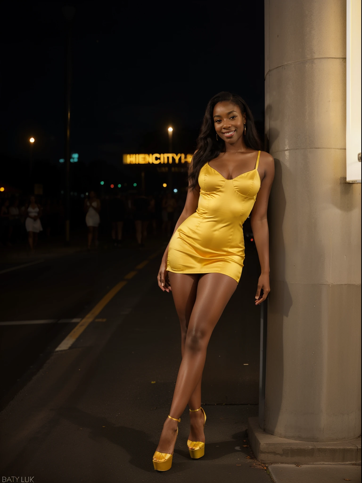 Photorealistic fashion picture of a black woman wearing a yellow dress