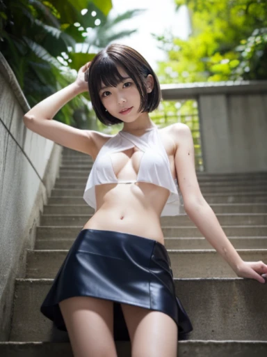 (reality: 1.4),highest quality, masterpiece, high detail, 16K quality, beautiful, 1 beautiful girl,japanese,super beautiful face,baby face,japanese idol face,cute face,super detailed face,detailed hand,beautiful skin,oily skin,big eyes,profeccional lighting,short hair,black hair,brown beautiful eyes, standing,big smile,legs spread,spread pussy,(skirt lift),big breasts,white bra,(checked skirt),(spread pussy),detailed pussy,black high socks,she is looking at the camera,Skyscraper rooftop,blue sky, nsfw,from below,