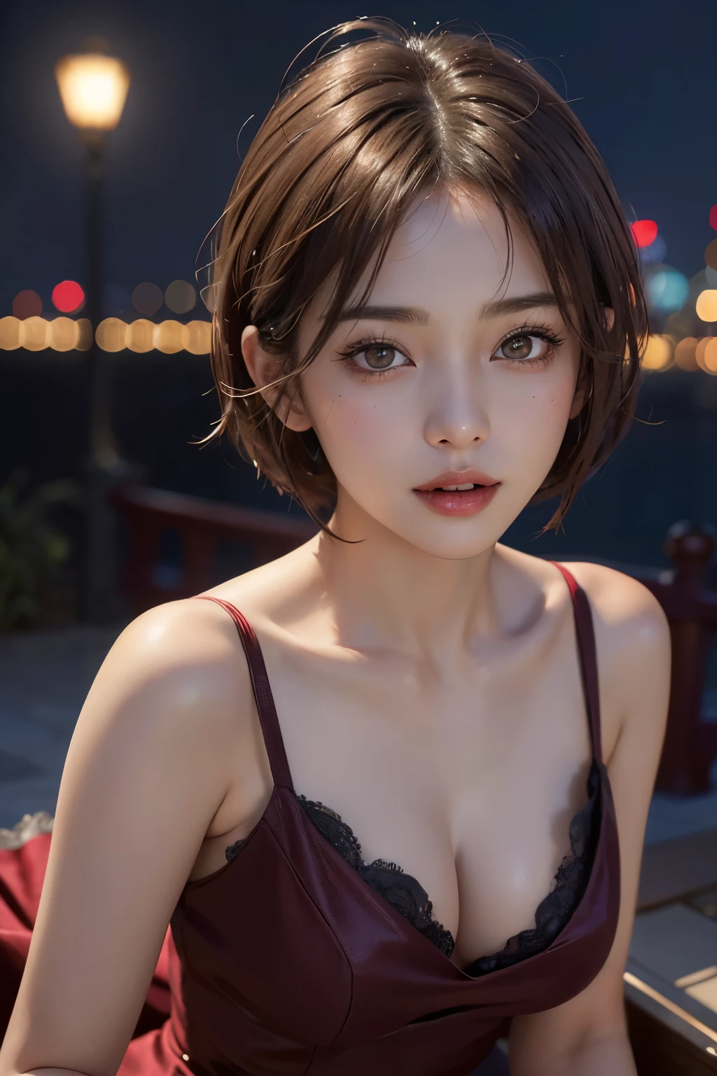 highest quality、masterpiece、ultra high resolution、Live shooting、(photorealistic:1.4)、1 girl、detailed face、brown eyes、Glittering night view、red sexy dress、provocative wink、Wacky angles、short haired、Beautiful Japan actress、Sakimi-chan、cinema light， realistically，best quality， Complex CG，highly detailed face，High detail eyes，