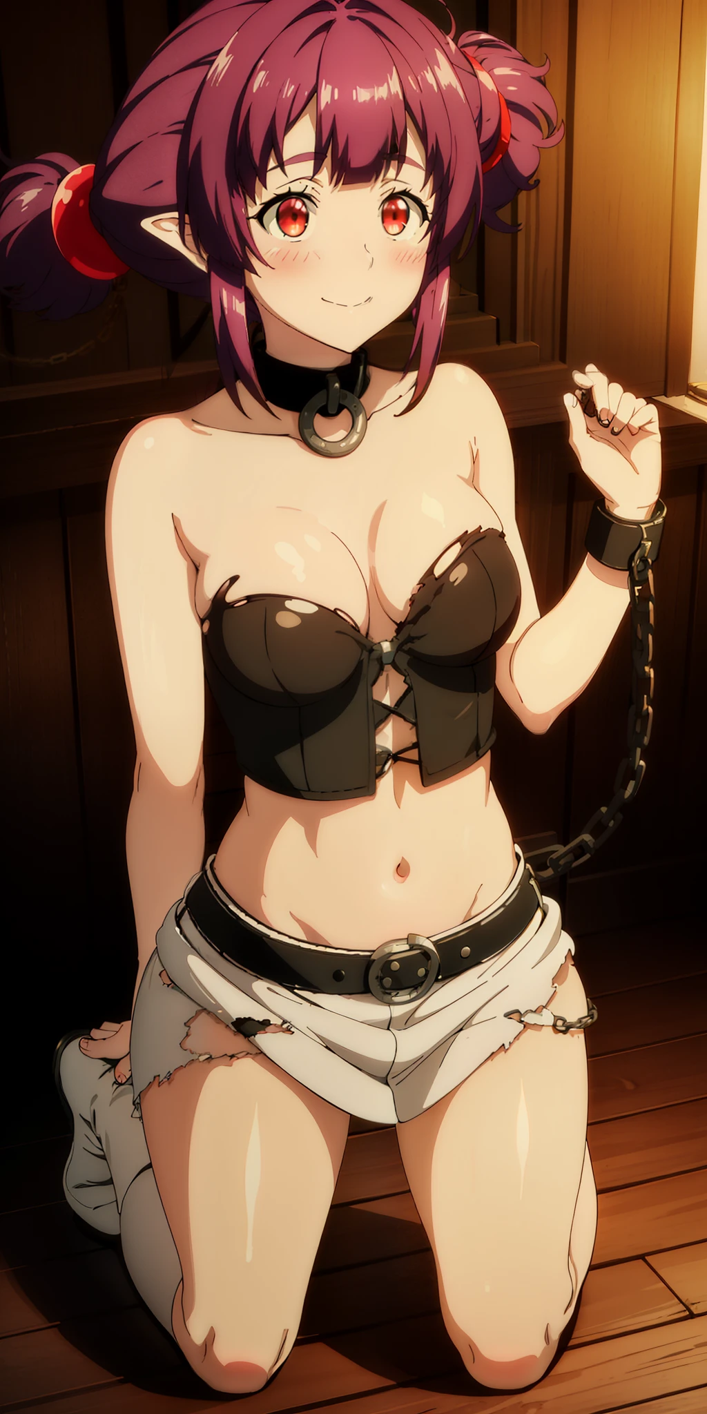 bondage girl,smirking smile red blush,torn apart,chain leash,Behind the hand, Kneeling,shackleDSM,high ponytails