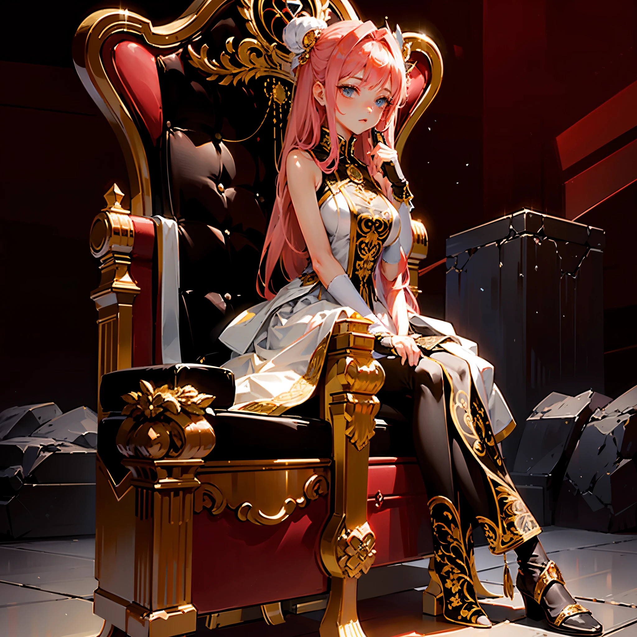 detailed long hair, hime cut, large breasts, wedding bouquet, pink hair, masterpiece:1.2, best quality, detailed and beautiful, a close up of a person sitting on a chair with a sword, sitting in a gilded throne, sitting on golden throne, sitting on obsidian throne, sitting on intricate throne, sitting on throne, sitting on her throne, sit on throne, sitting on a throne, sitting on an ornate throne, sitting on a golden throne, appears as the fire goddess