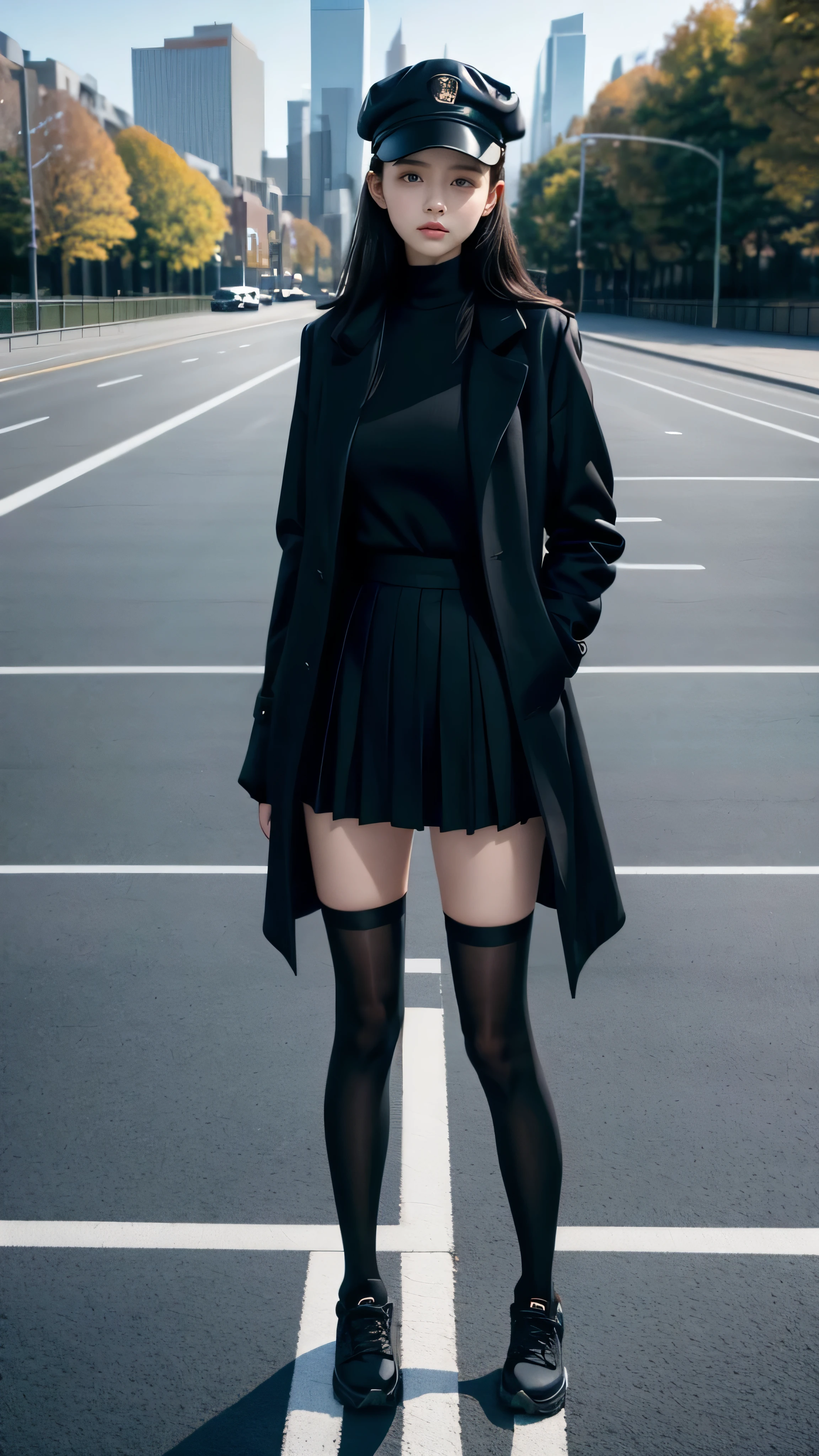 photo，real person，girl，Stand in the center，Height one meter eight，Perfect body，long black hair，Delicate face，hands behind your back，cap，Sports toplack coat，black skirt，long legs，Longer than knee socks，sports shoes，Standing on the black platform，movie scene，Realistic