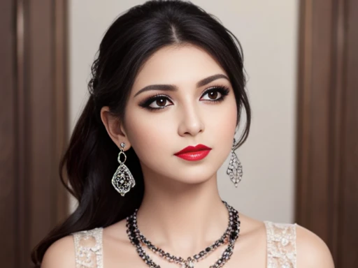 Lebanese lady, diamond dangling earrings, necklace, bracelets, small breasts, 40 years old, smokey eyes, cleavages, red lips, innocent face, fashion ball gown, stylish hairstyle, posing, modeling, ((black eyes))