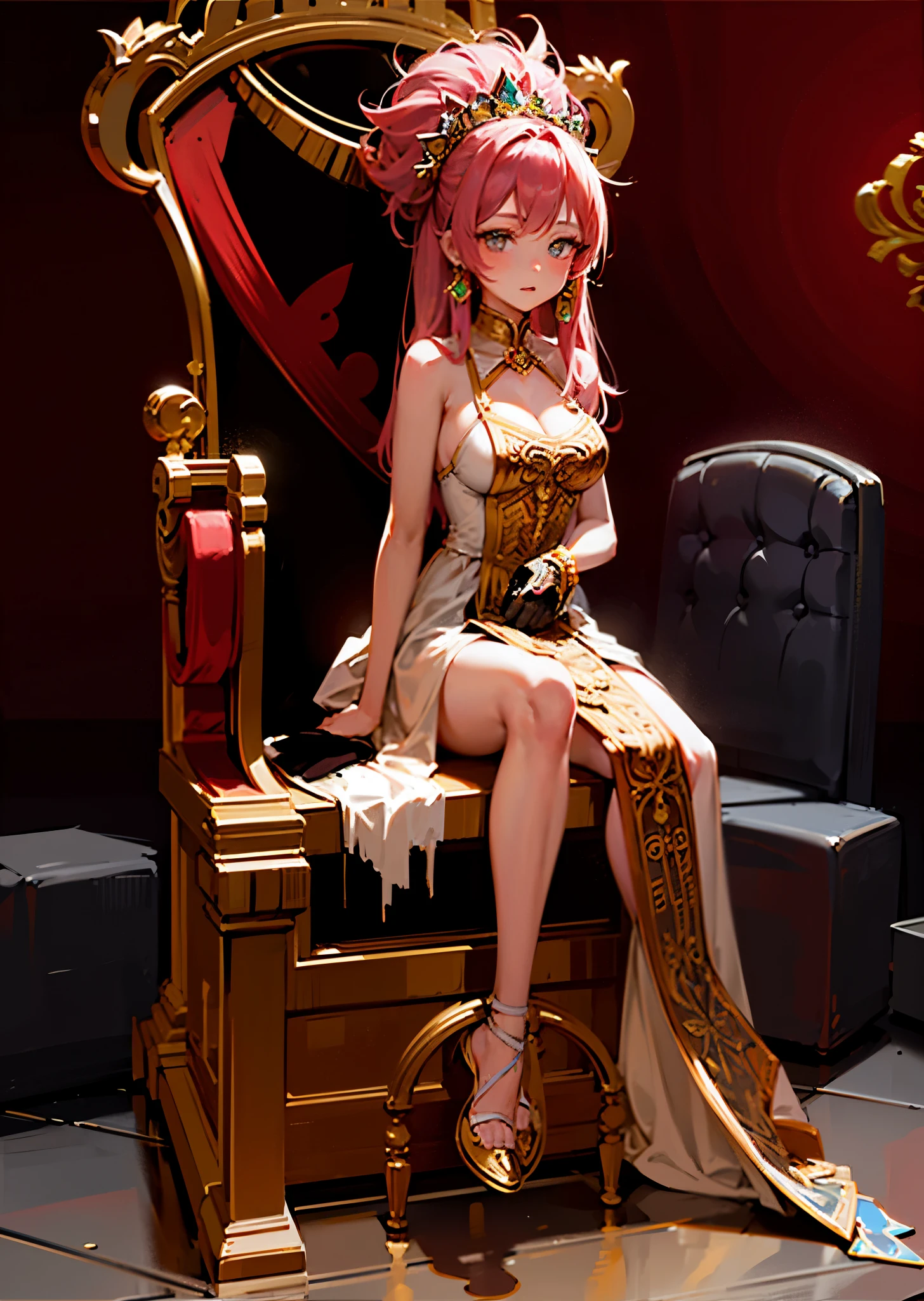 detailed long hair, hime cut, large breasts, wedding bouquet, pink hair, masterpiece:1.2, best quality, detailed and beautiful, a close up of a person sitting on a chair with a sword, sitting in a gilded throne, sitting on golden throne, sitting on obsidian throne, sitting on intricate throne, sitting on throne, sitting on her throne, sit on throne, sitting on a throne, sitting on an ornate throne, sitting on a golden throne, appears as the fire goddess