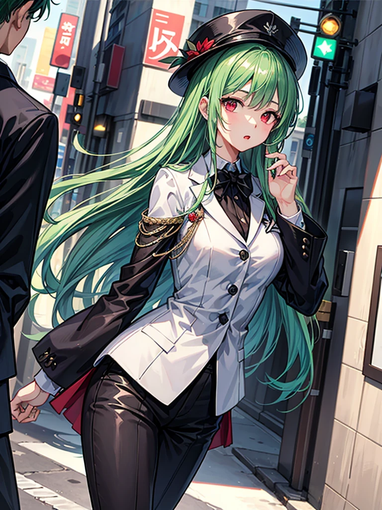 （（（masterpiece、Highest image quality、highest quality、highly detailed unity 8ｋwallpaper）））、（（Illustration of one girl））、（（（beautiful girl）））、（（green hair、long hair、straight、red eyes））、（Men、silk hat、tuxedo）、street corner