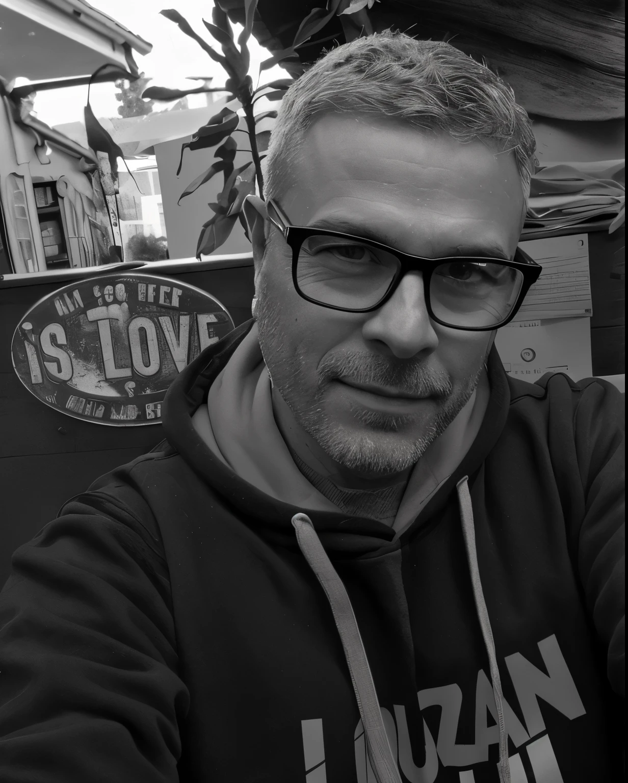 arafed man in glasses and a hoodie sitting at a table, andreas m wiese, shot on iphone 1 ro, shot on iphone 1 ro max, b&w photo, taken on iphone 1 ro, by Adam Szentpétery, taken on iphone 14 pro, thierry doizon, 8k selfie photograph, thierry rouzier