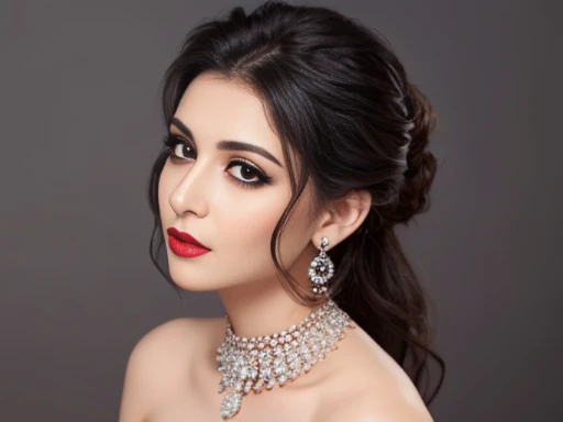 Lebanese lady, diamond dangling earrings, necklace, bracelets, small breasts, 40 years old, smokey eyes, cleavages, red lips, innocent face, fashion ball gown, stylish hairstyle, posing, modeling, ((black eyes))