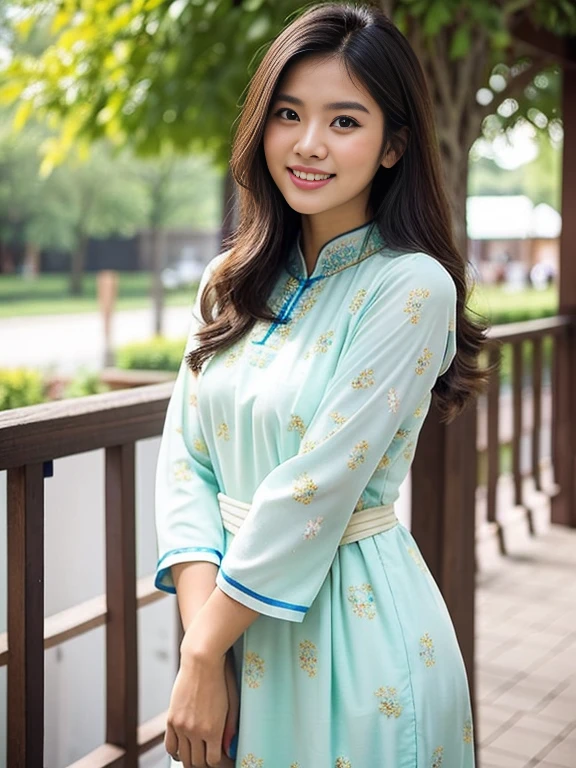Sweet malay girl with a perfect smile, looking straight to the camera, professional photography, professional lighting, portrait: 1.4, 85mm, midshot, waist shot, mirrorless camera, village blur background, bokeh, large breast, sleeve, modest, fluffy wavy hair, highlight on hair, slim figure, huge breast, see_through thin cloths, perfect body, traditional, high quality, pretty face, innocent face, detailed dress ((wearing malay baju kurung))