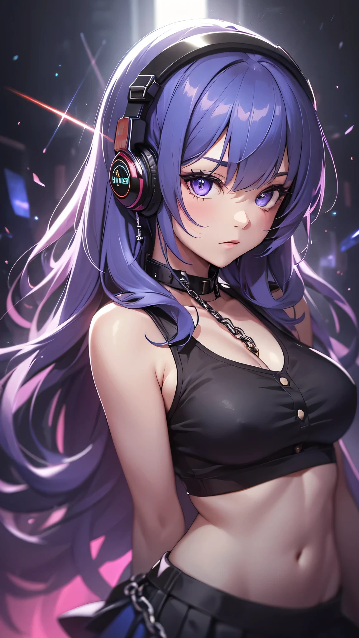 highest quality、Highest image quality、masterpiece、age girl((18-year-old、 Agar、vest bust、medium bust,wide open breast tea、purple eyes, purple hair、long hair、slender,highest valley、cute makeup、black nail polish、white short skirt、Looks like fun、have a guitar、black spats、fluttering hair、red belly button tank top、chain accessories、DJ、headphones,random motion)),high quality、beautiful art、background((night live house、red laser light、blue laser light、random laser points、Virtual space、golden laser beam、purple laser light、DJ、live stage)),muste piece、Depth of written boundary、movie、visual art、perfect art、
