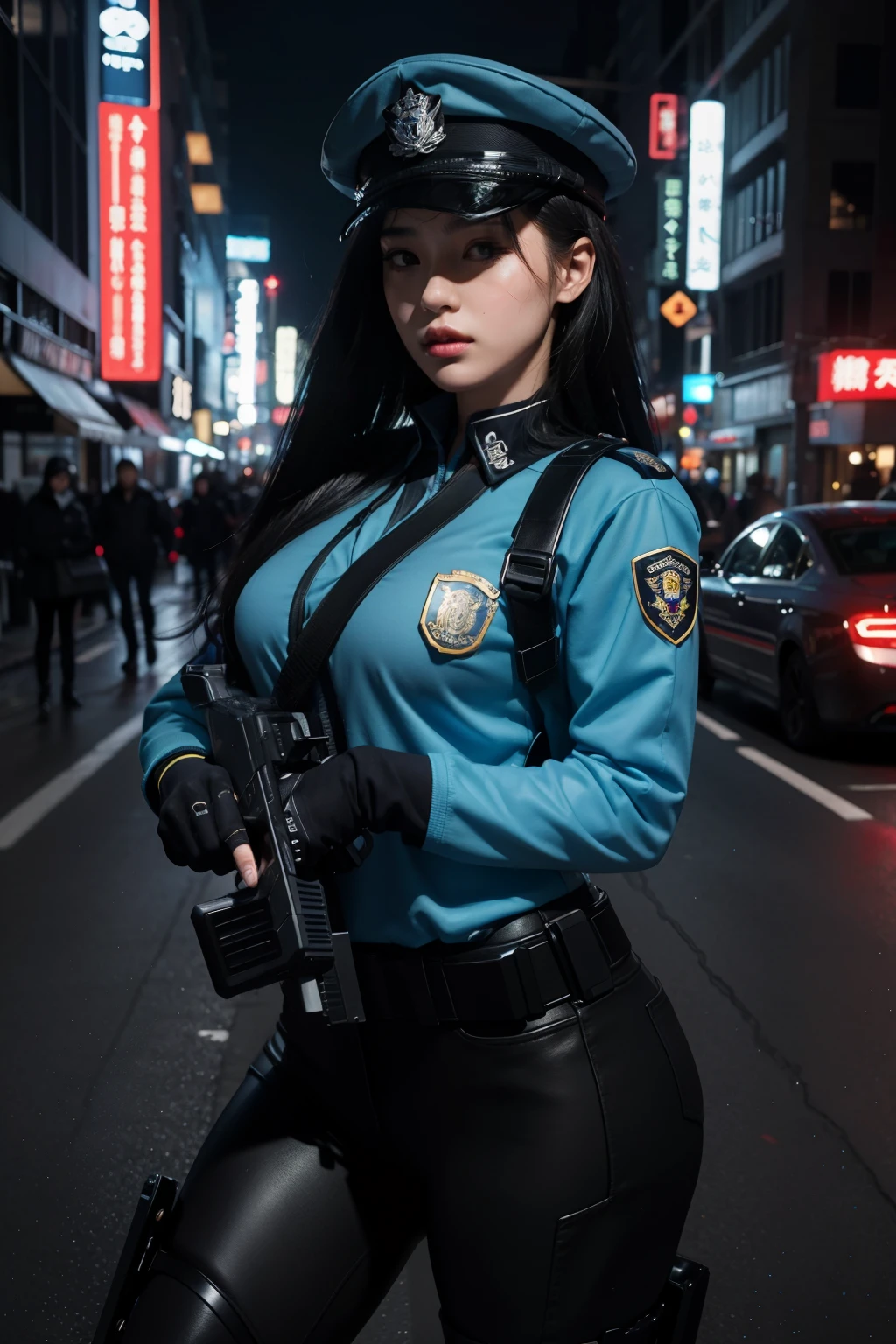 Highest image quality, outstanding details, ultra-high resolution, (realism: 1.4), ((close up:0.75)), highly condensed 1 lady, with beautiful and a delicate face, perfect proportion, aiming the viewer, ((aiming the viewer)), (chubby:0.3, small breasts), (cloths color base ratio black:0.2 white:0.6 other-color:0.1), (wearing rash-guard likes police uniform, black and gray mecha, wearing high-tech heavy gasmask, military harness, holding a machinegun, carrying hich-tech-flamethrower -tank on back), captain, background simple grey wall,