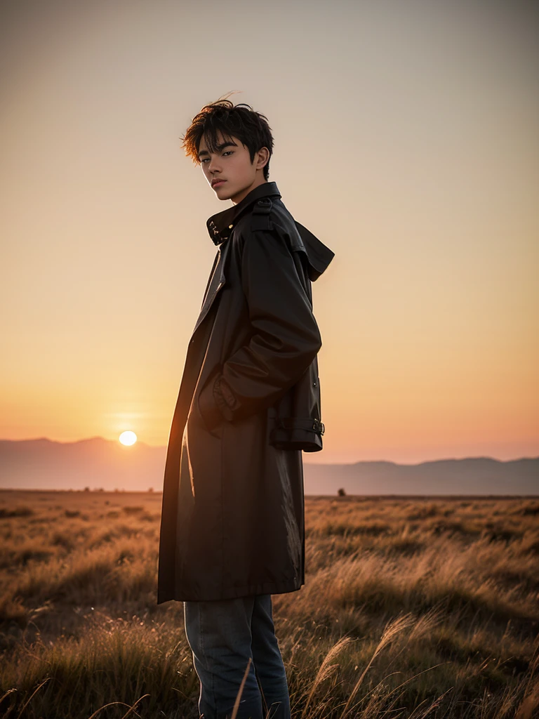 A 19-year-old boy stands on a desolate grass field,Young man puts his hands in his pockets,The afterglow of the setting sun shines on him,With his back to the camera,Short and messy hair,Has a youthful look,Wearing a black trench coat,red orange grass,The young man looked into the distance with sad eyes,