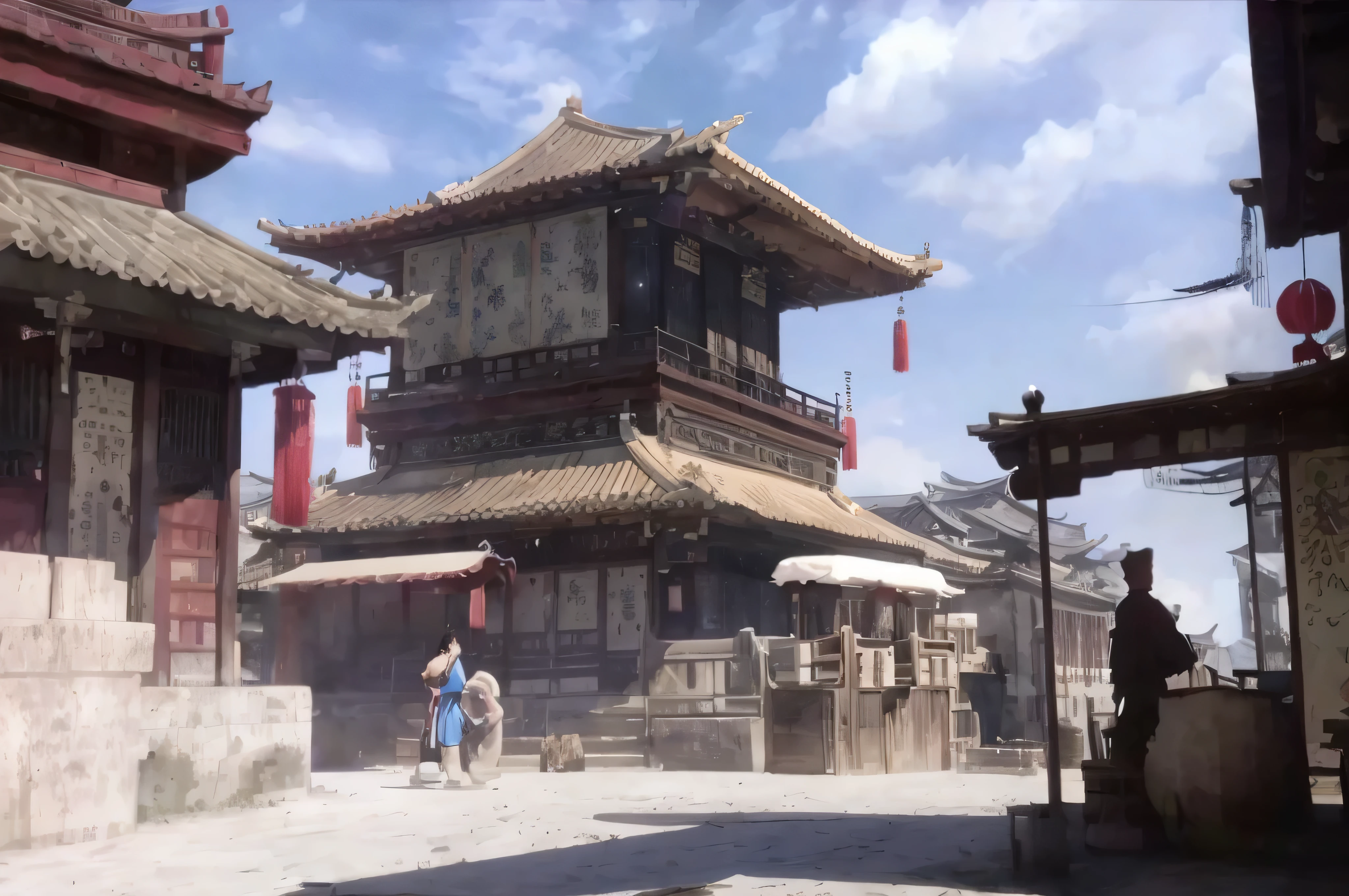 there is a picture of a building with a lot of decorations on it, beautiful render of tang dynasty, dreamy chinese town, anime scenery concept art, realistic anime 3 d style, trending on cgstation, traditional japanese concept art, legend of korra setting, beautiful anime scene, chinese village, japanese town, g liulian art style, movie environment design