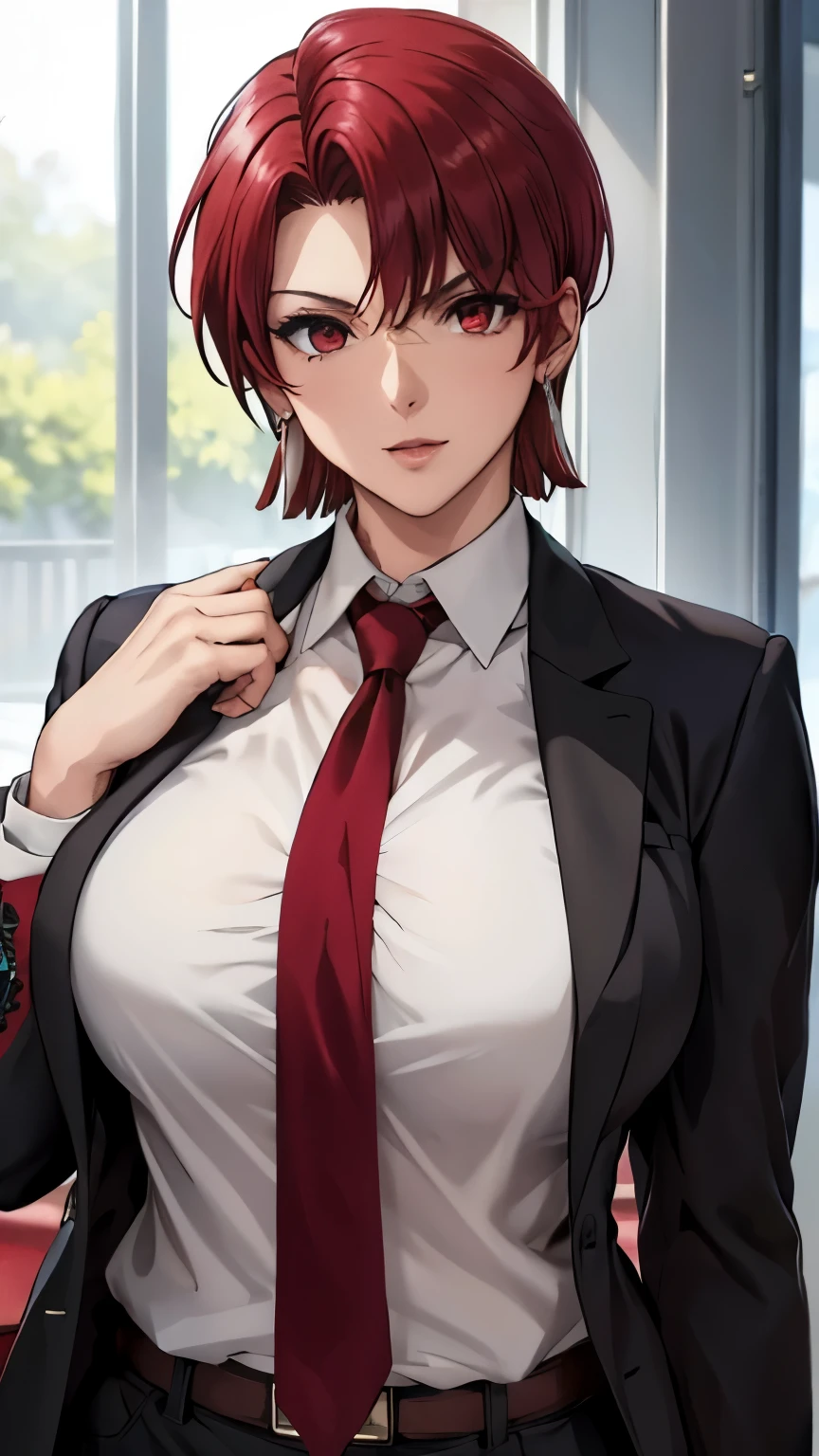 (masterpiece, best quality:1.2), bazett, fgo, 1girl, solo, short hair, red hair, bangs, red eyes,  large breasts, black gloves, formal suit, necktie, jacket, upper body, earrings, 