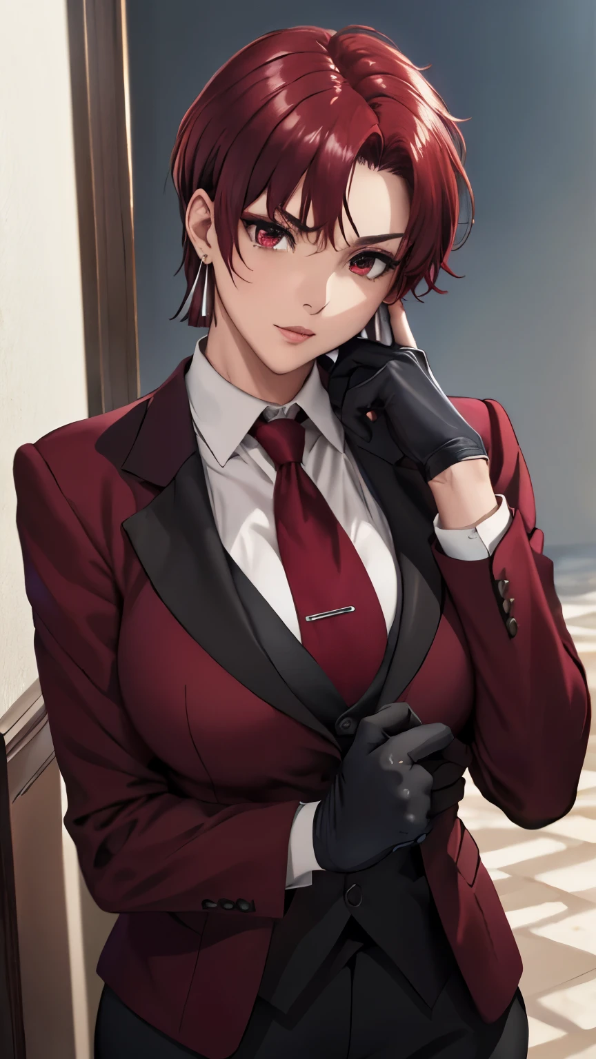 (masterpiece, best quality:1.2), bazett, fgo, 1girl, solo, short hair, red hair, bangs, red eyes,  large breasts, black gloves, formal suit, necktie, jacket, upper body, earrings, 