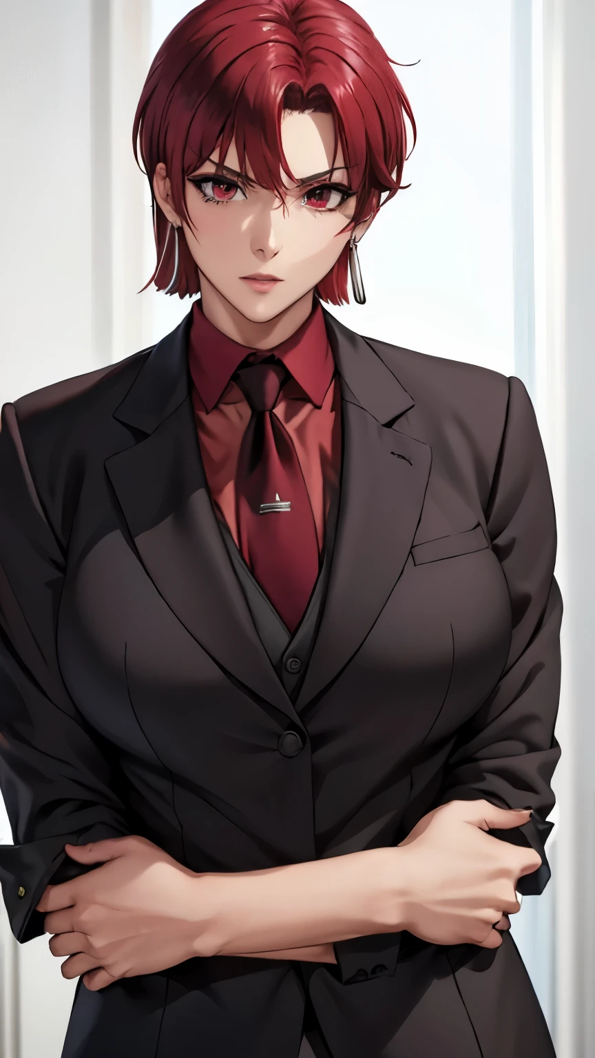 (masterpiece, best quality:1.2), bazett, fgo, 1girl, solo, short hair, red hair, bangs, red eyes,  large breasts, black gloves, formal suit, necktie, jacket, upper body, earrings, 