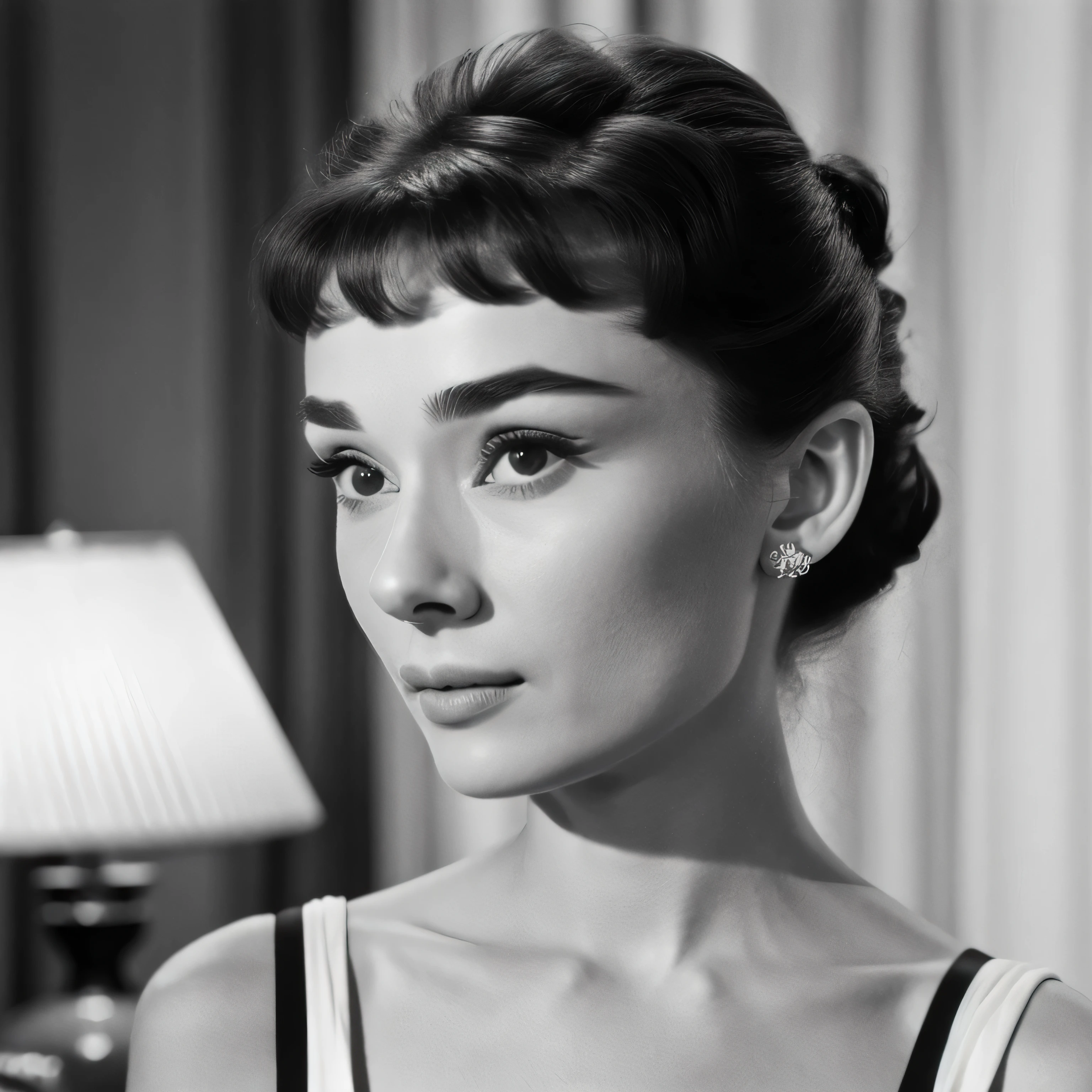 ((black and white filter)), Audrey Hepburn is a beautiful young actress who starred in the Roman Holiday film, focus on eyes, close up on face, short black hair styled cascading curls bun, Audrey Hepburn portrait photo of a beautiful young actress: (Audrey Hepburn is in the black and white Roman Holiday film), hotel room, Award - winning photograph, Masterpiece, 8k, ultra high res, hyper detailed, perfect flawless face, rule of thirds, Realistic Perfect eyes and pupils, Perfect full lips, highly detailed shining hair, ((detailed facial featureinely detailed skin), realistic skin texture, intricate details, photorealism, hyperrealism, ultra realistic, lifelike textures, neutral colors, cinematic lighting, dramatic lighting, backlight on hair, sharp focus, wide angle, film grain, dslr, raw photo,